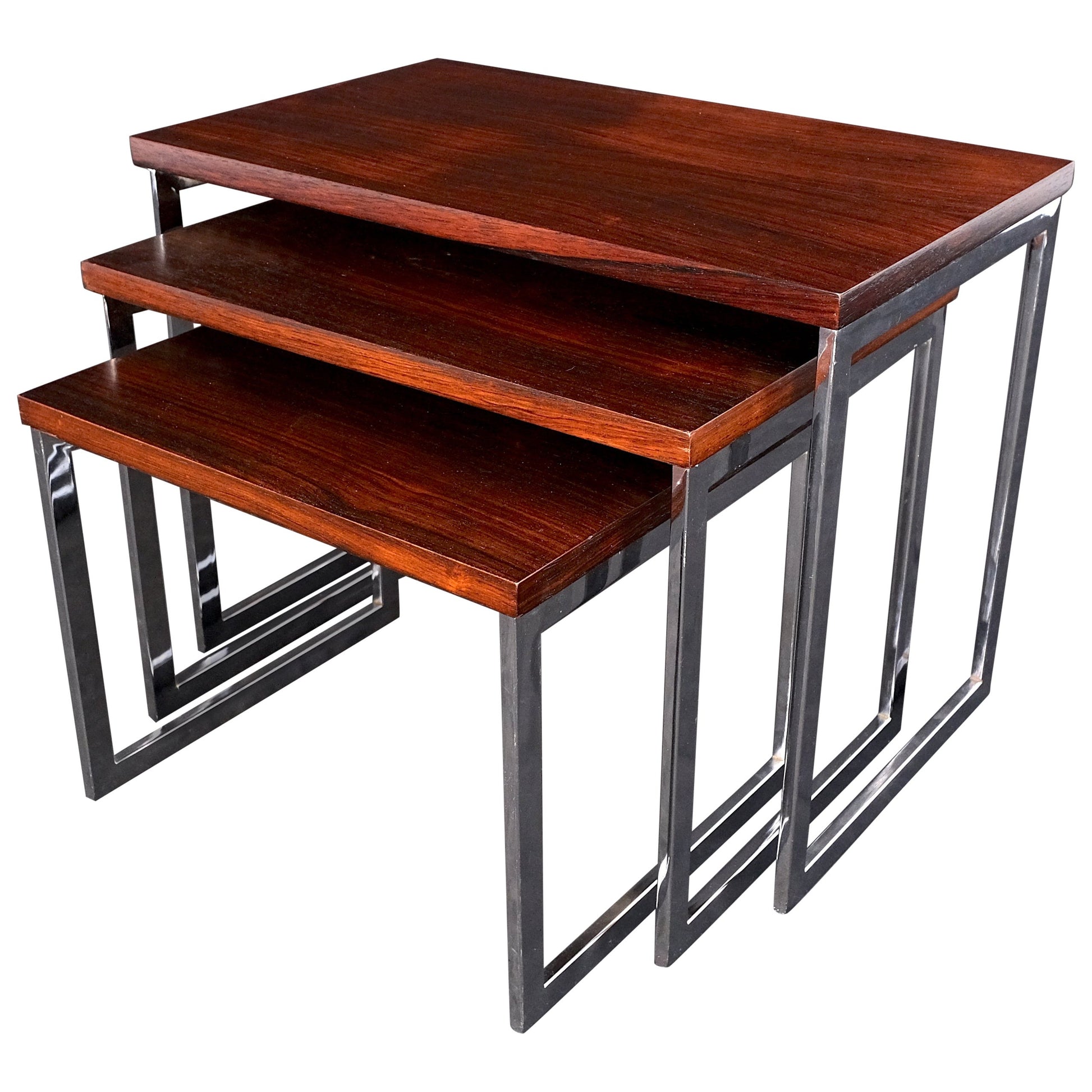 EstablishedLines Rosewood Tops Chrome Base Mid Century Modern Set of 3 Nesting Side End Tables