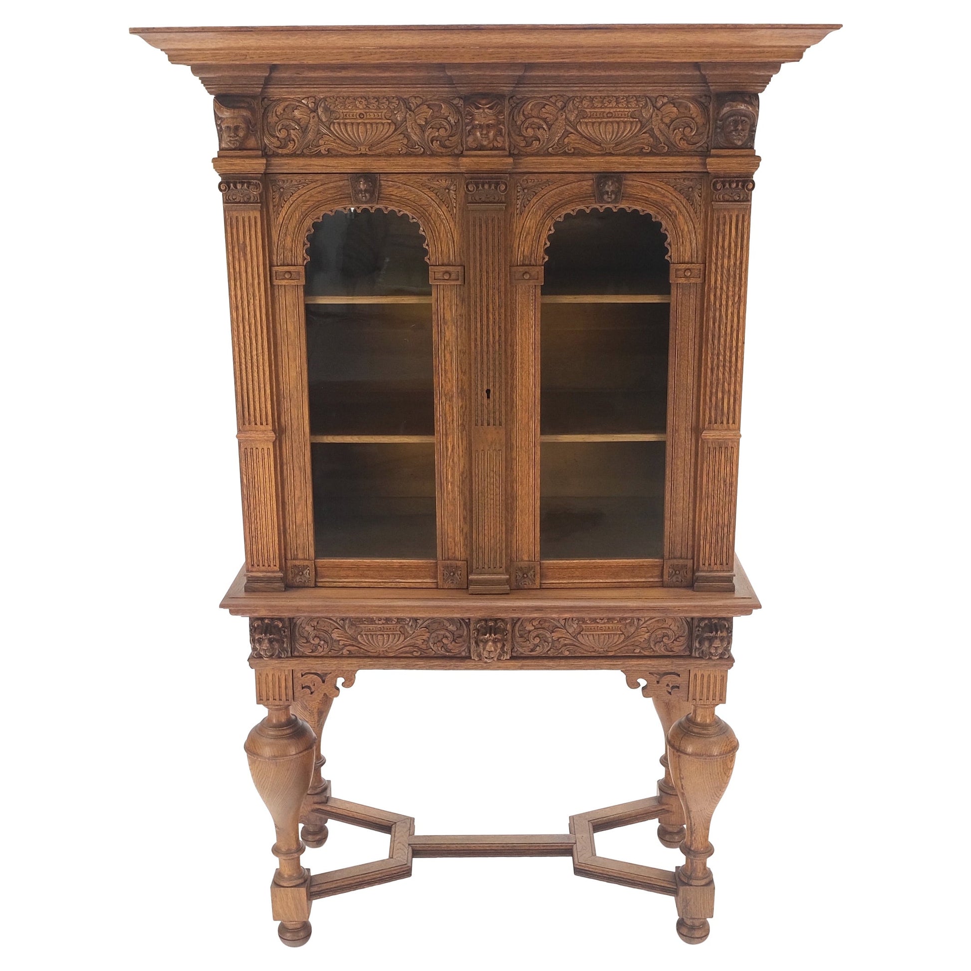 EstablishedLines Heavily Carved Oak Faces Urns Motive Two Door China Cabinet c1880s MINT!