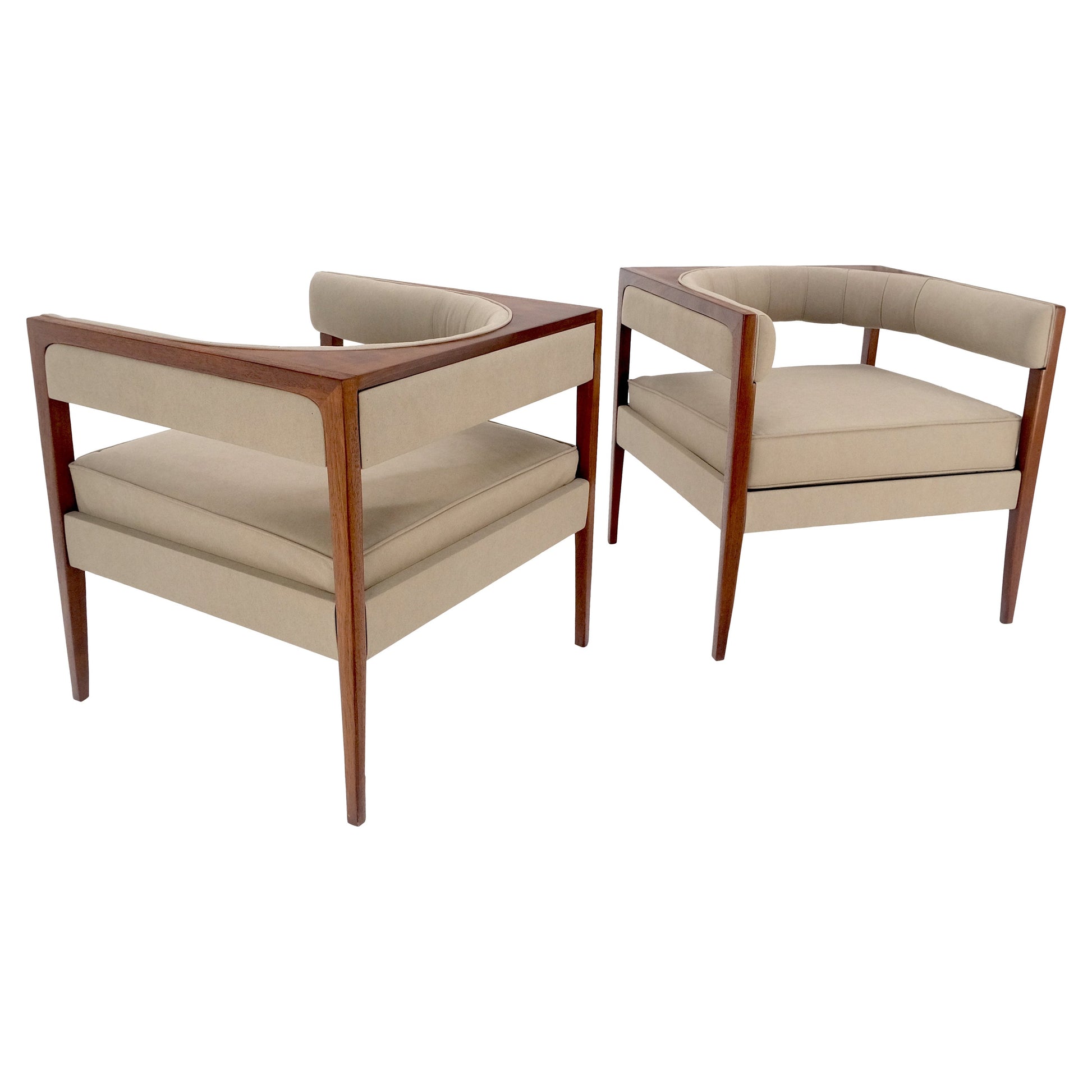 EstablishedLines Pair New Alcantera Upholstery Walnut Cube Shape Barrel Back Lounge Chairs MINT!