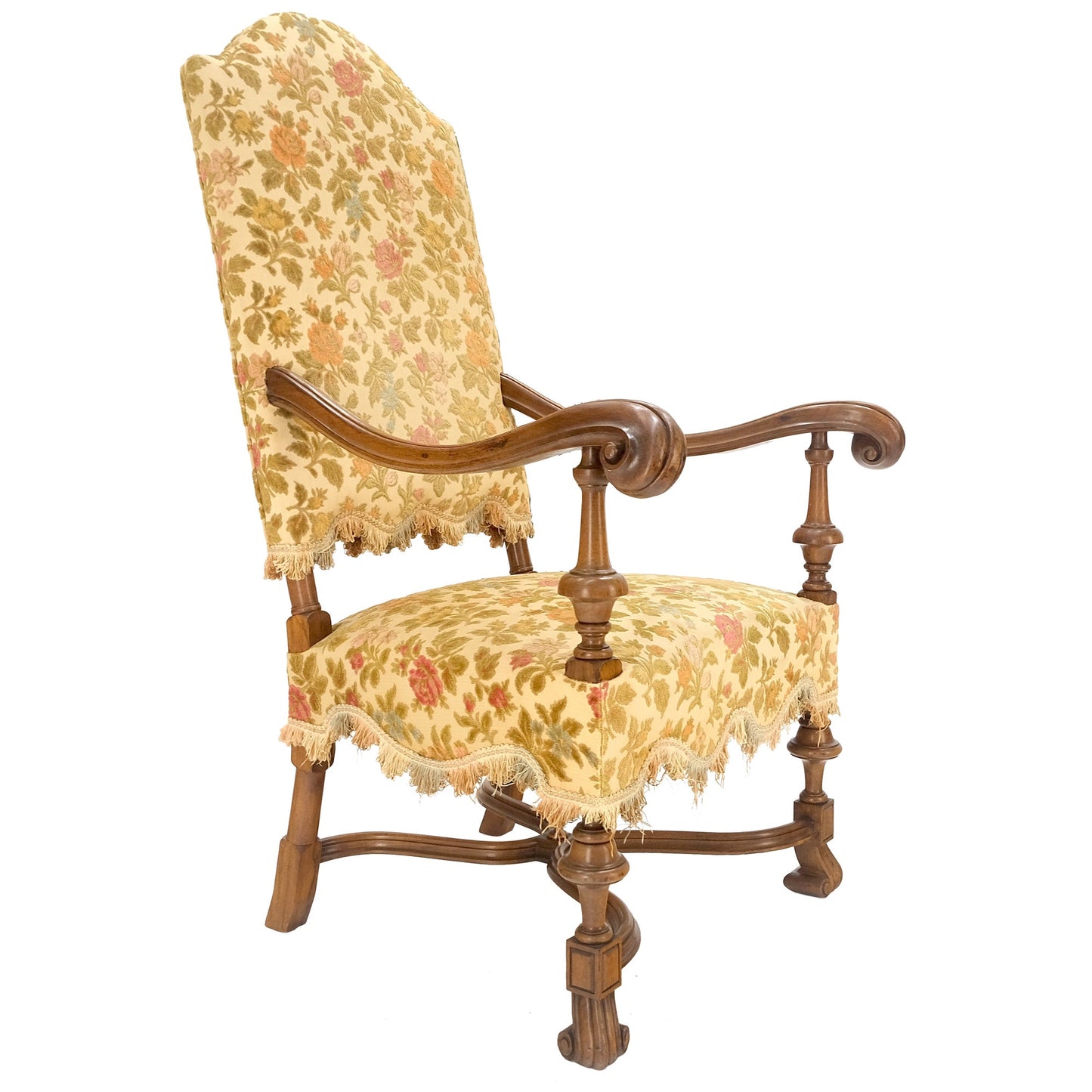 EstablishedLines long Carved Walnut Arms Tall Back Turned Legs X Base Stretcher Arm Chair MINT!