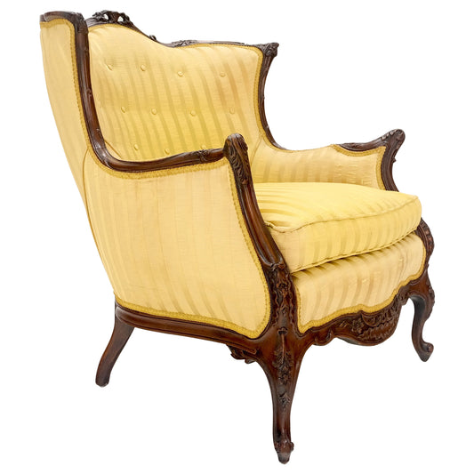 EstablishedLines Striped Gold Upholstery Fine Deep Carved Mahogany Frame Lounge Chair Solid Frame