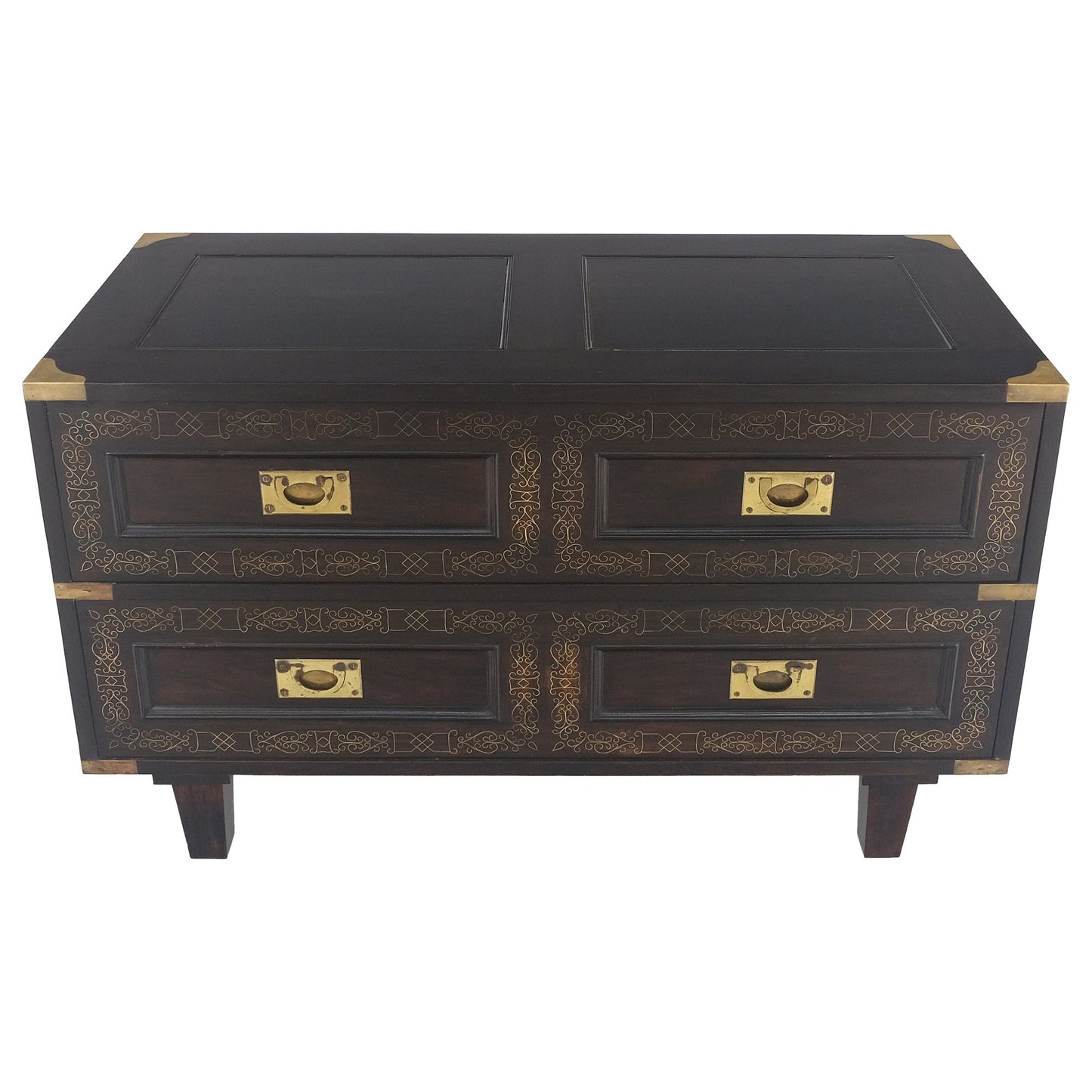 EstablishedLines Campaign Style Ebonized Mahogany Brass Inlay Two Drawers Small Dresser Chest