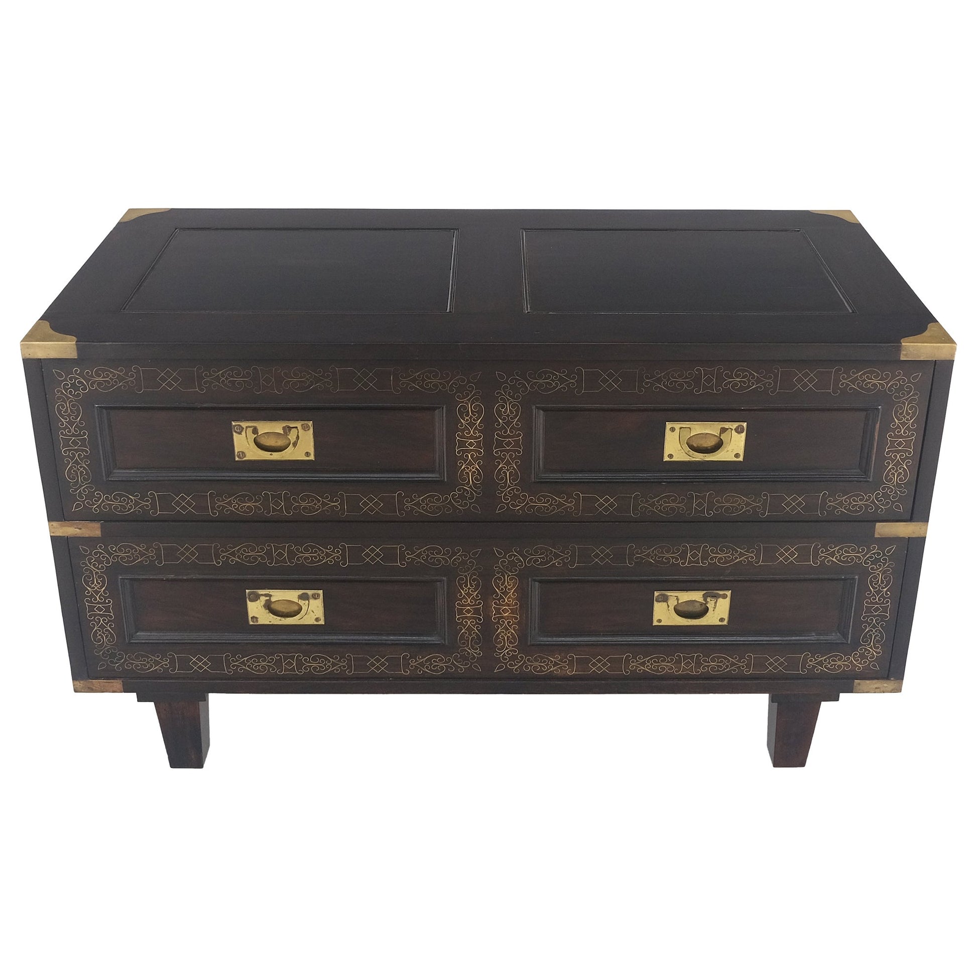 EstablishedLines Campaign Style Ebonized Mahogany Brass Inlay Two Drawers Small Dresser Chest