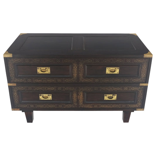 EstablishedLines Campaign Style Ebonized Mahogany Brass Inlay Two Drawers Small Dresser Chest