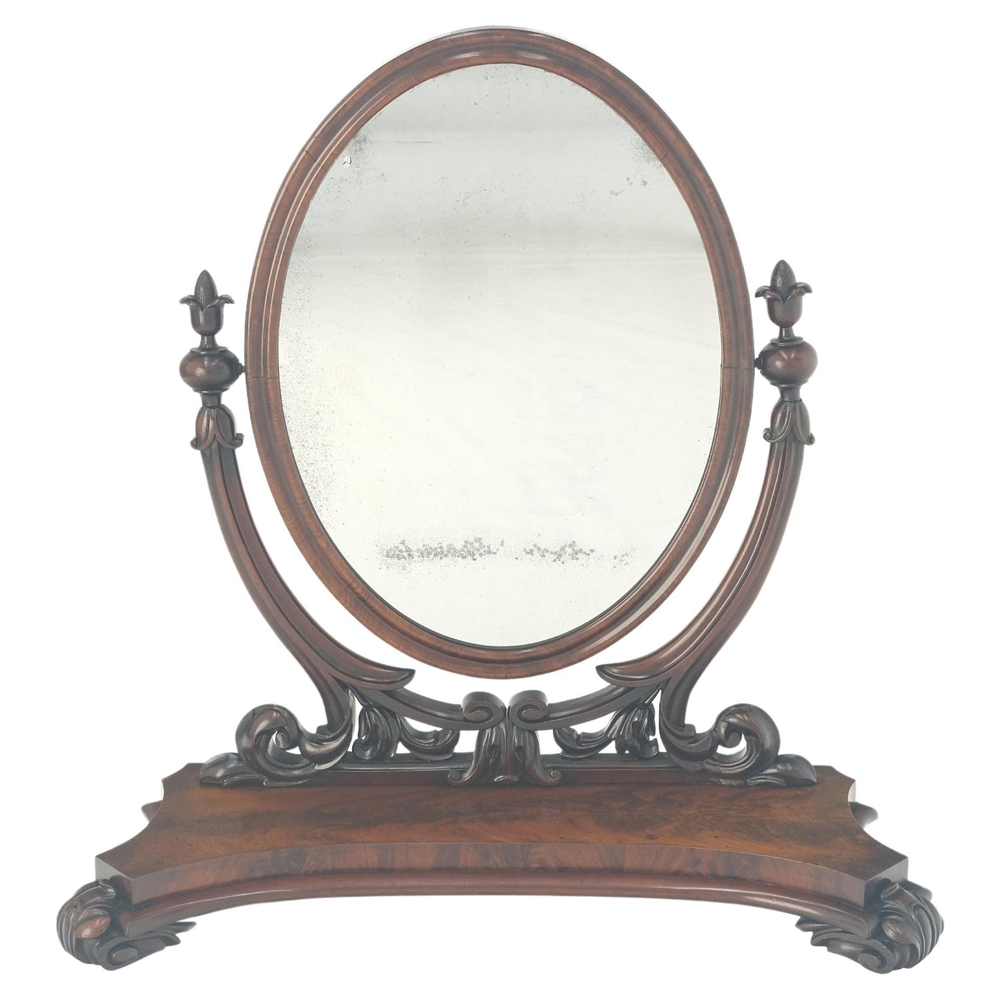 EstablishedLines Very Fine Antique Carved Flame Mahogany Oval Swivel Shaving Mirror Acorn Finials