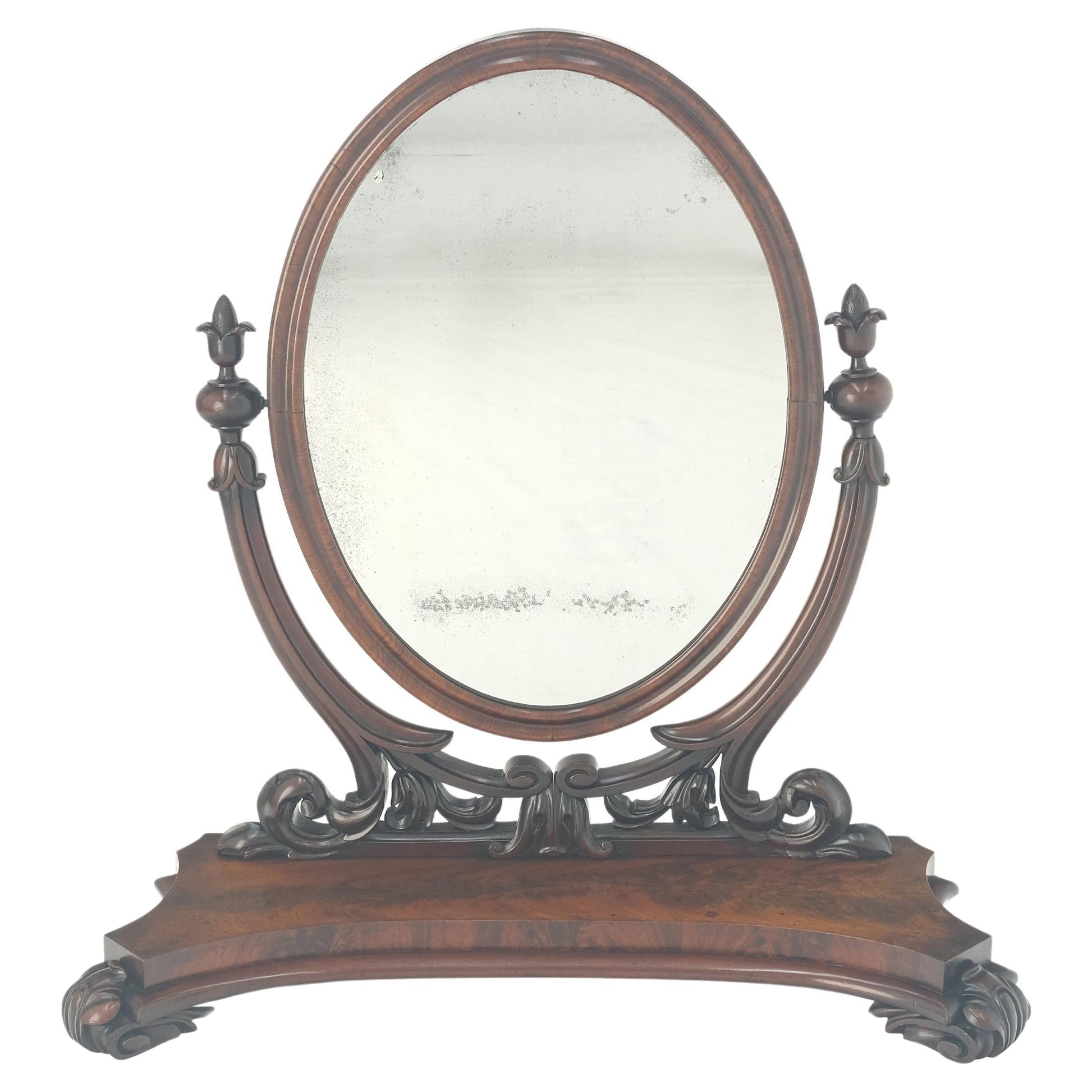 EstablishedLines Very Fine Antique Carved Flame Mahogany Oval Swivel Shaving Mirror Acorn Finials