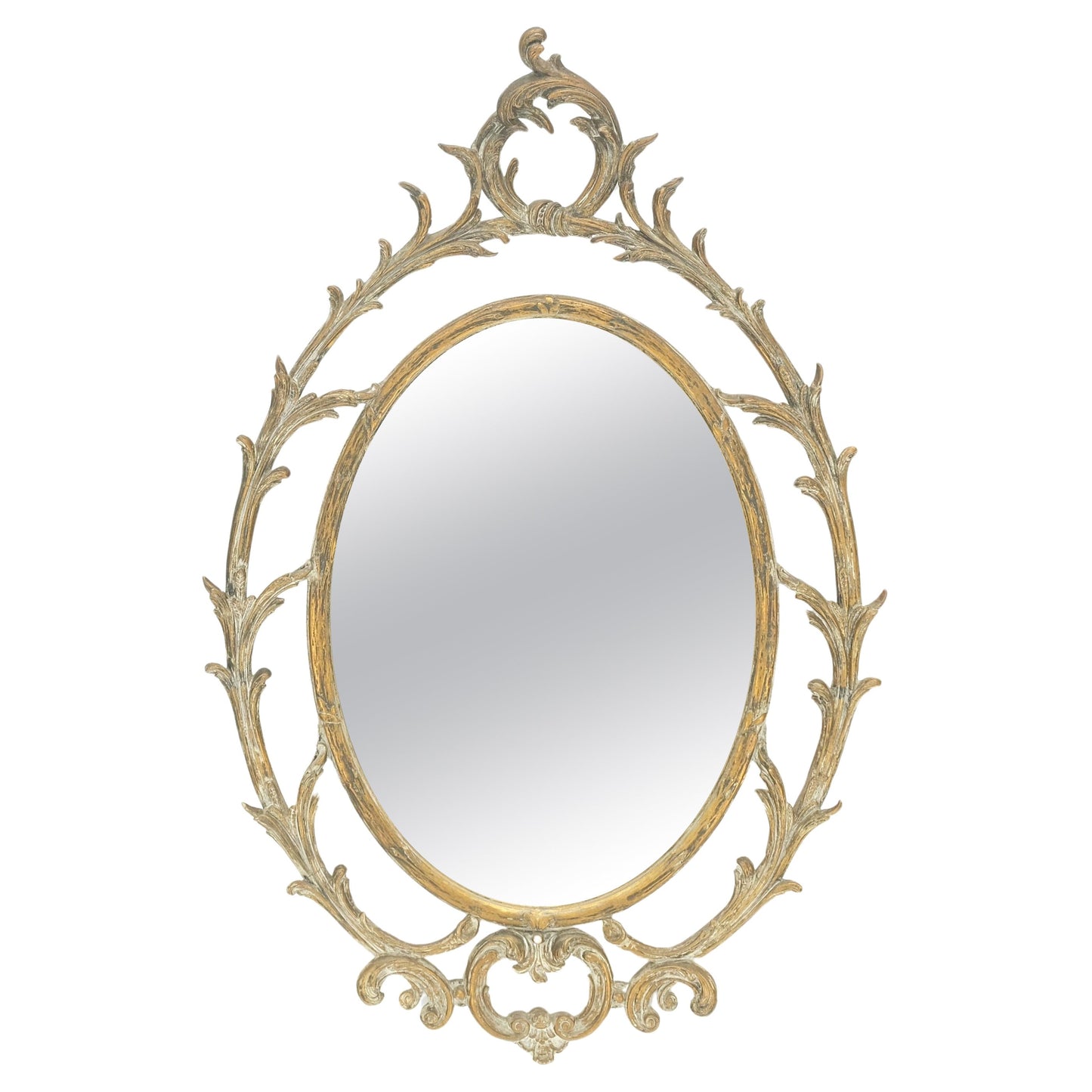EstablishedLines Gesso Pierced Wood Gold Leaf Frame Oval Round Rococo Wall Mirror c1920s MINT!
