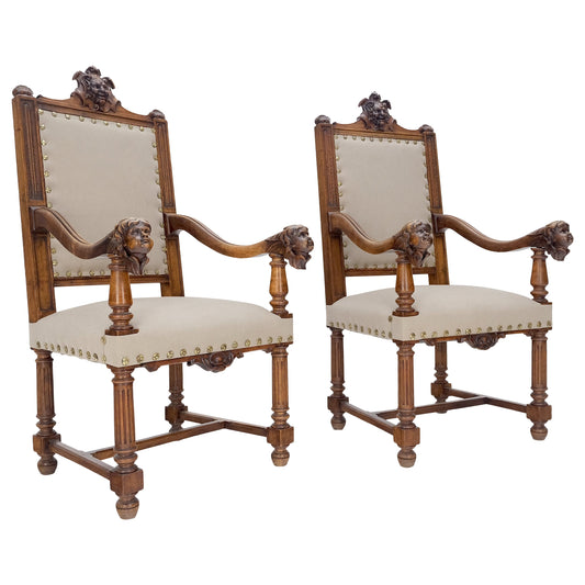 EstablishedLines Pair Antique Heavily Carved Walnut Cherub North Wind Faces Arm Chairs New Uphols