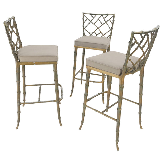 EstablishedLines Cast Aluminum set of 3 Faux Bamboo Bar Stools New Alcantera Fabric Upholstery