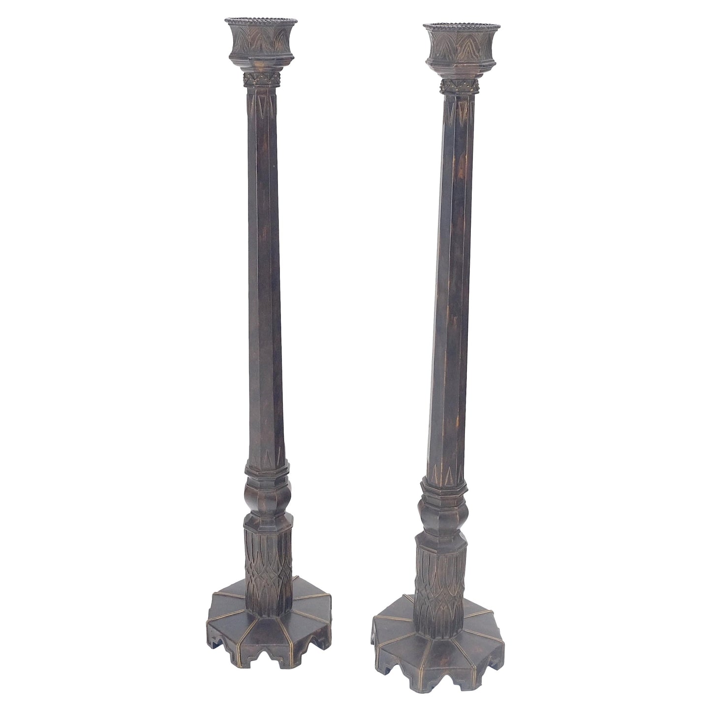 EstablishedLines Pair of Large 49" Tall Patinated Copper Art Deco Floor Candlesticks MINT!