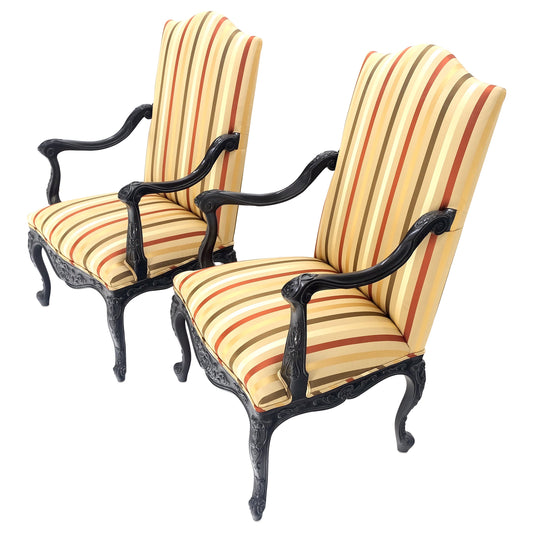 EstablishedLines Pair of Carved Mahogany Striped Silk Upholstery Fireside Arm Lounge Chairs MINT!