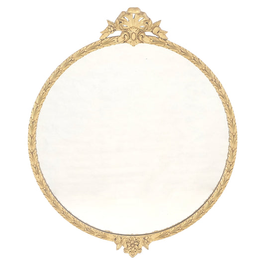 EstablishedLines Round Carved Gold Gilt Wood Floral Lotus Baroque Wall Mirror c1920s MINT
