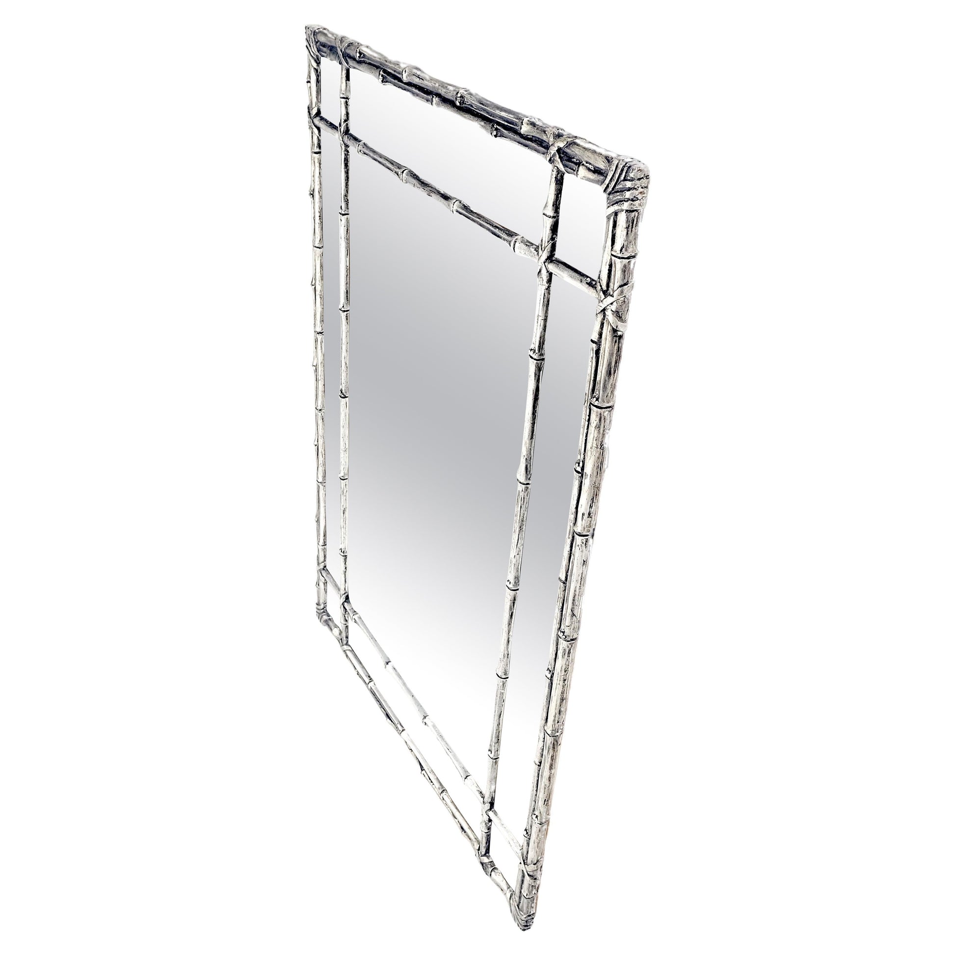 EstablishedLines Hollywood Regency Cast Aluminum Faux Bamboo Silvered Gilt Metal Rectangle Mirror