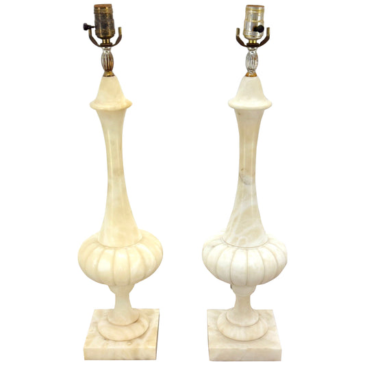EstablishedLines Pair of Fine Elegant Alabaster Marble Onion Shape Bases Table Lamps Clean!