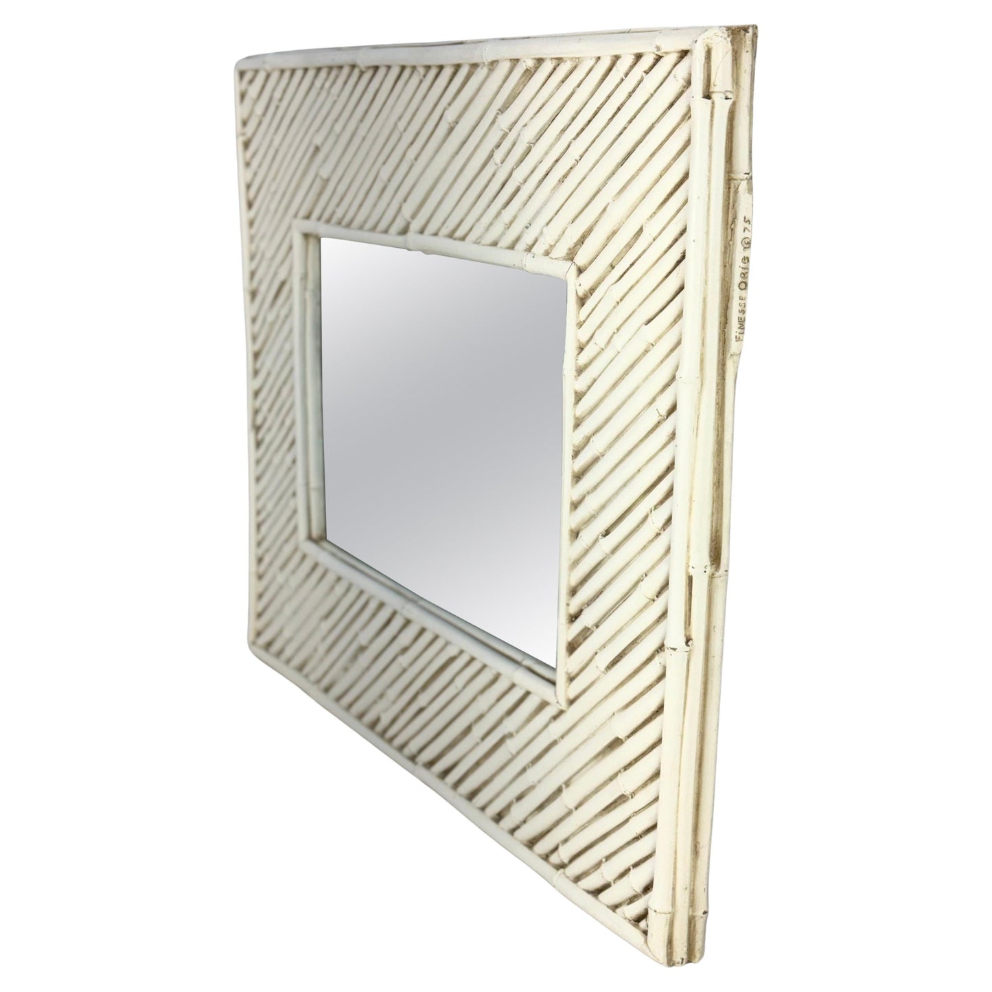 EstablishedLines Cast Faux Bamboo White Lacquer Frame Rectangle Wall Mirror Artist Signed & Dated