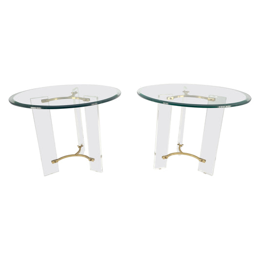 EstablishedLines Pair of Glass Top Lucite & Brass Bases End Side Occasional Tables Stands MINT!