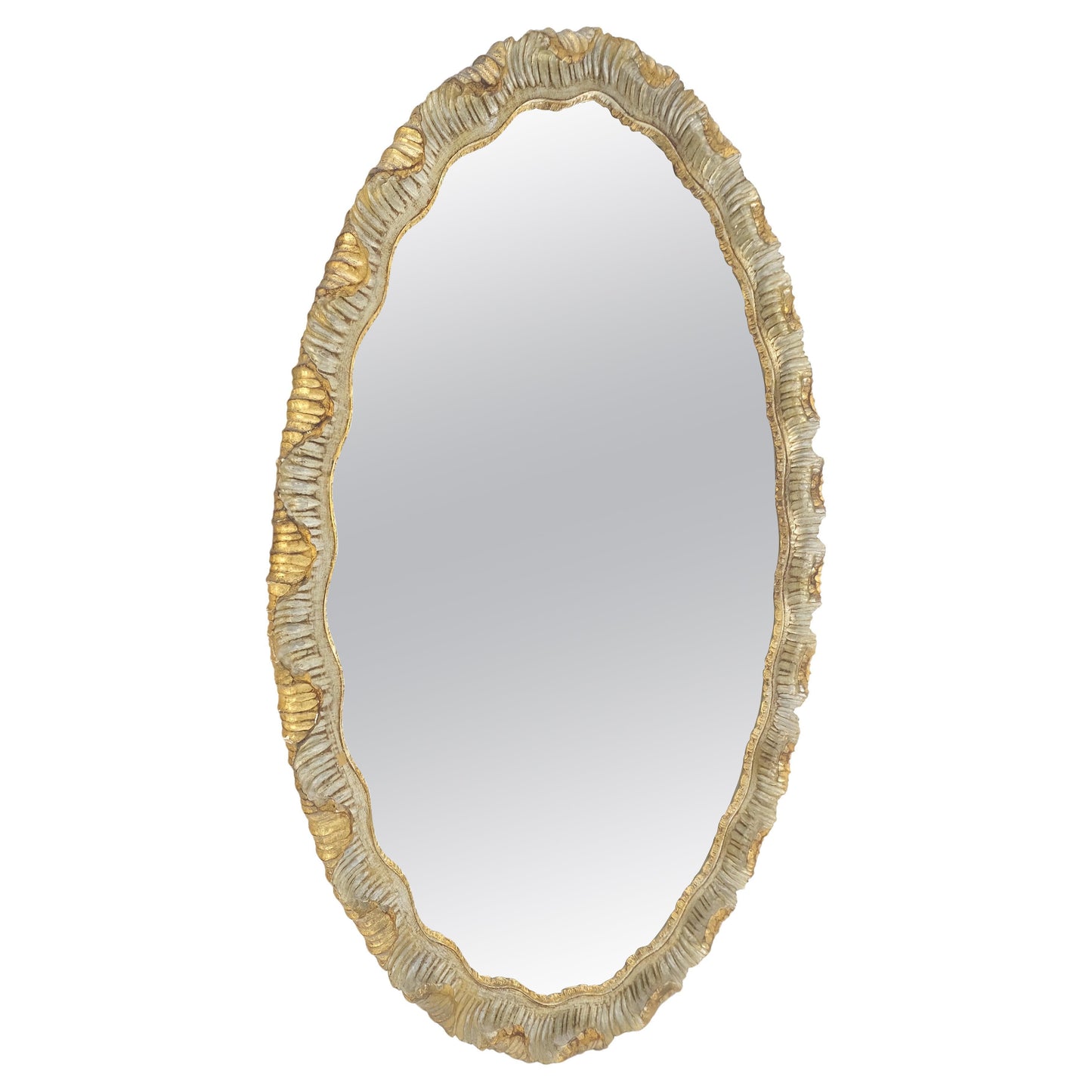 EstablishedLines Carved Wood Scallop Edge Style Silver & Gold Gilt Oval c1970s Wall Mirror MINT!