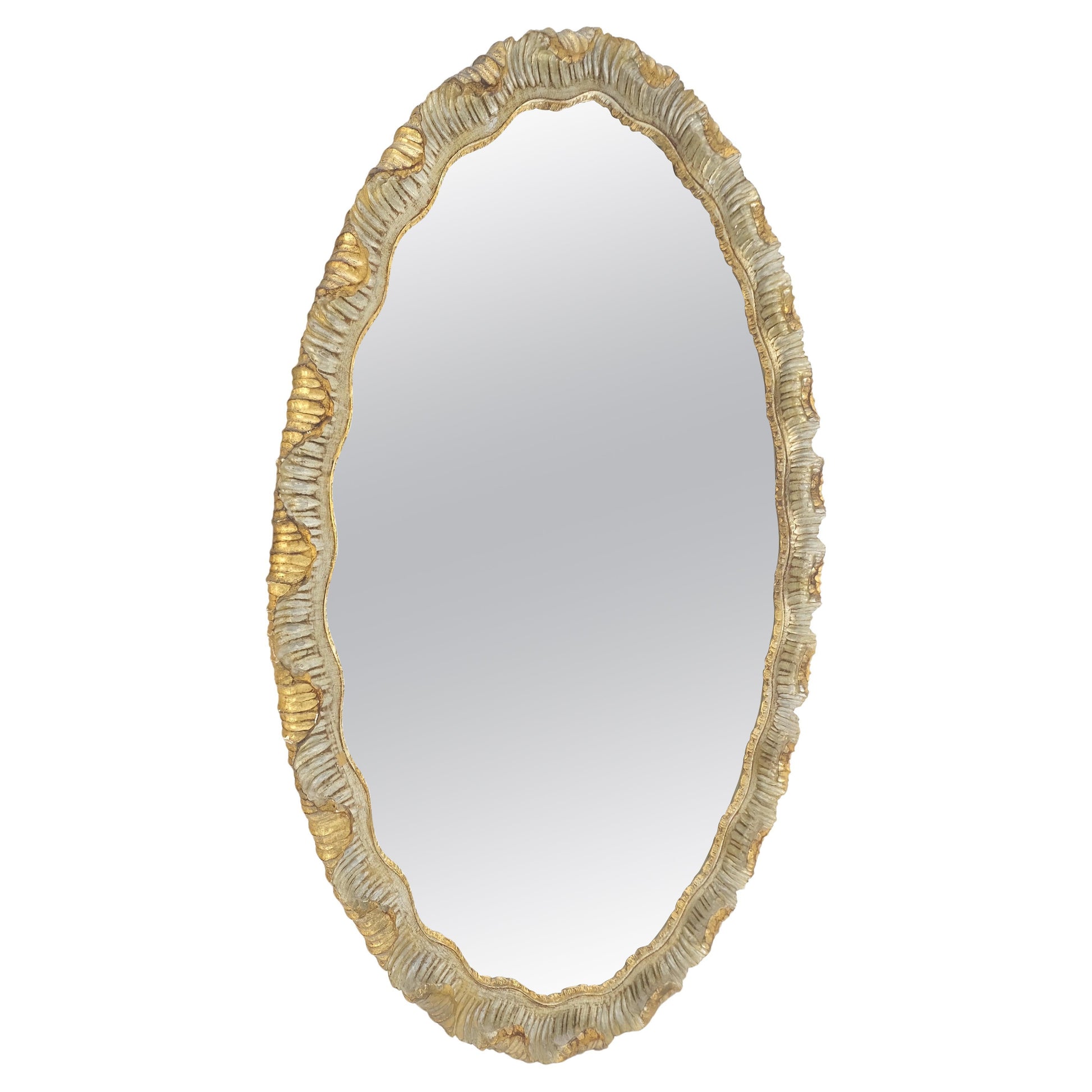 EstablishedLines Carved Wood Scallop Edge Style Silver & Gold Gilt Oval c1970s Wall Mirror MINT!