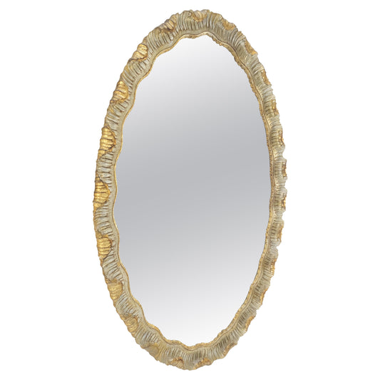 EstablishedLines Carved Wood Scallop Edge Style Silver & Gold Gilt Oval c1970s Wall Mirror MINT!