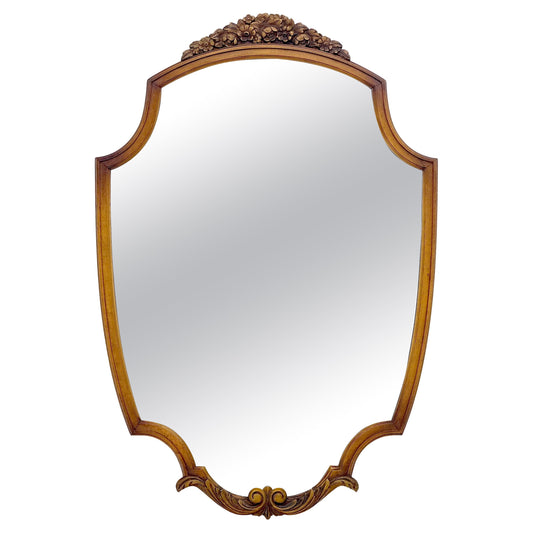 EstablishedLines Fine Shield Shape Carved Light Walnut Mirror c1940s MINT!