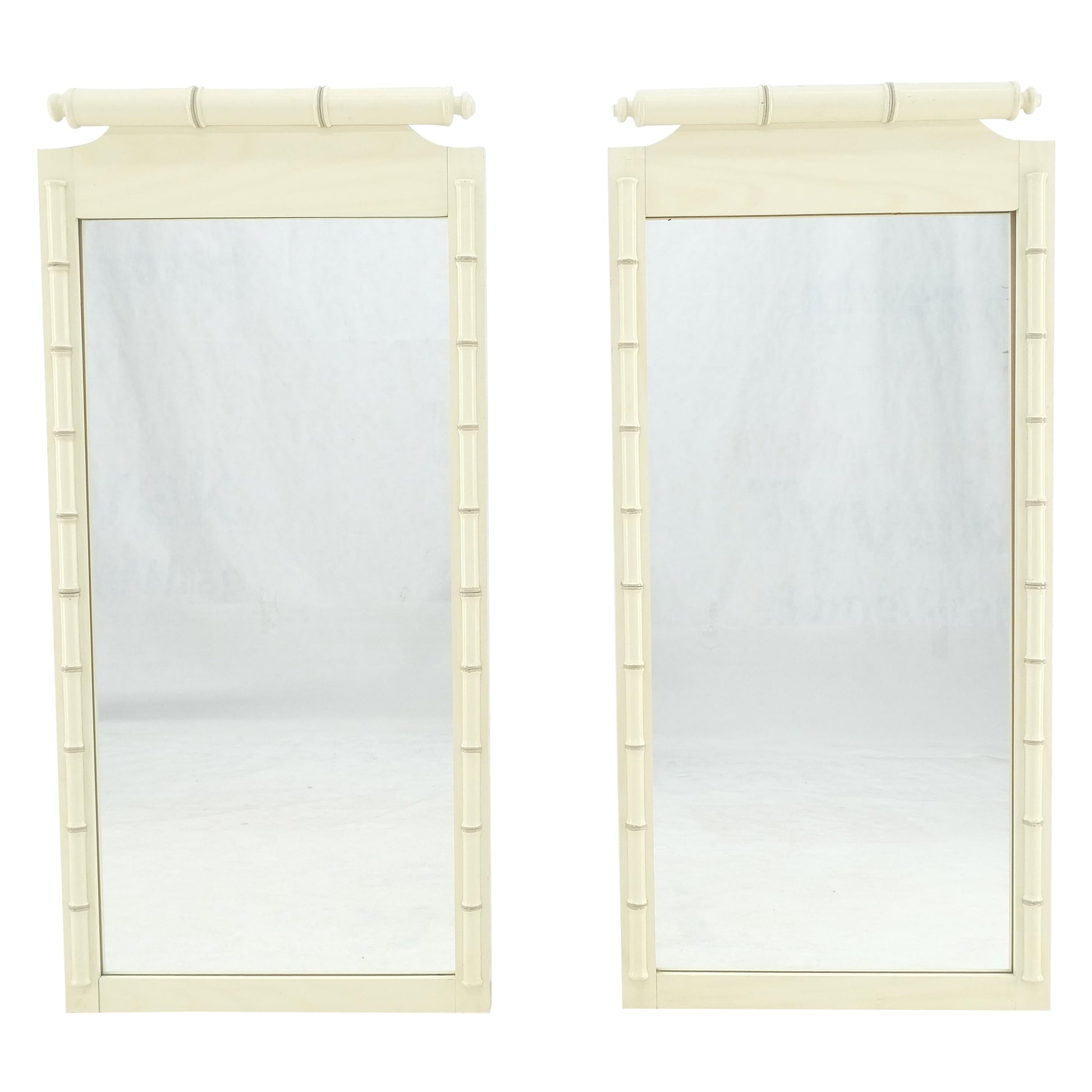 EstablishedLines Pair of White Lacquer Mid Century Modern Rectangle Faux Bamboo Wall Mirrors MINT
