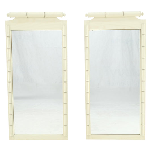 EstablishedLines Pair of White Lacquer Mid Century Modern Rectangle Faux Bamboo Wall Mirrors MINT
