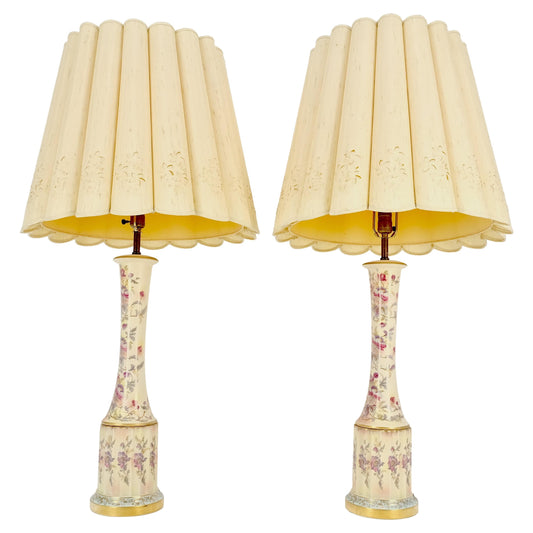 EstablishedLines Pair of 39" Tall Ceramic Hand Painted Round Tower Shape Table Lamps w/ Shades