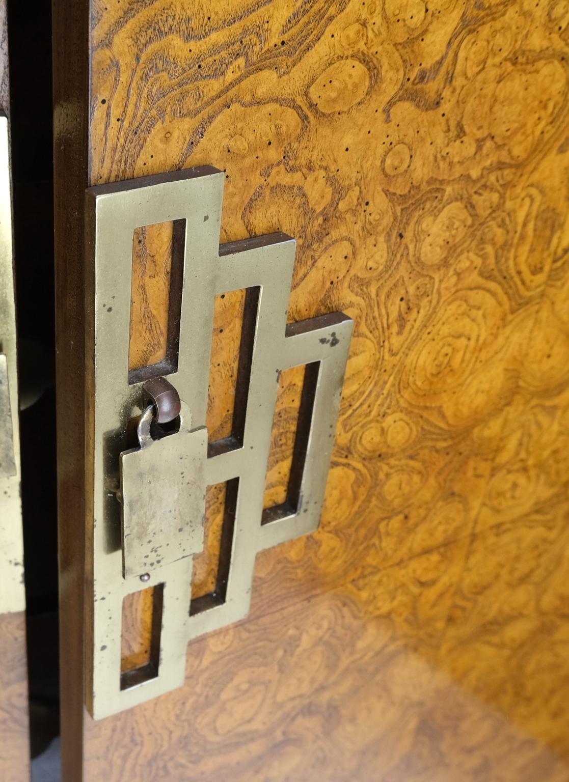 EstablishedLines Burl Wood Black Ebonized Border 9 Drawers Long Dresser Credenza Brass Pulls Mint