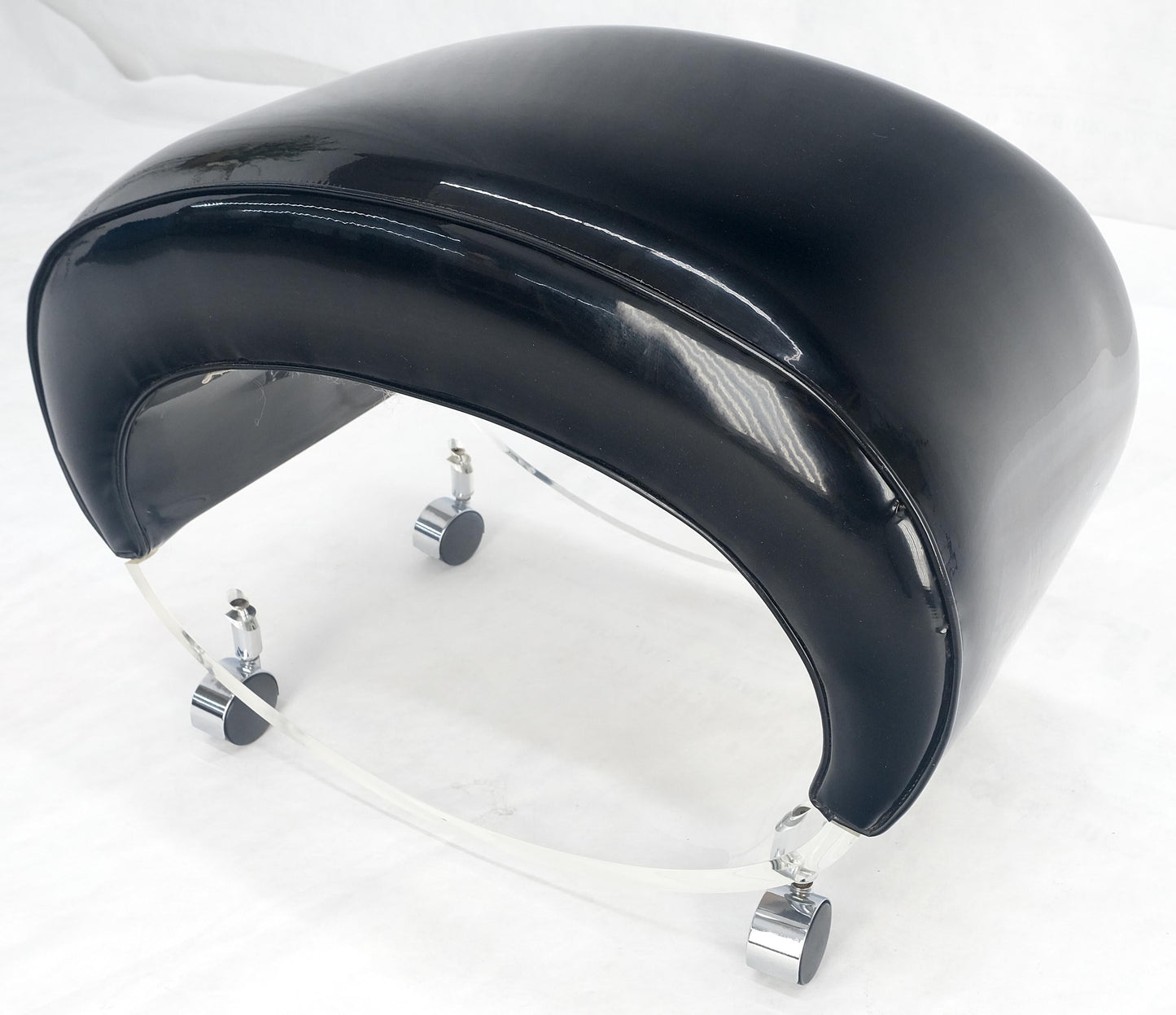 EstablishedLines Futuristic Black Patent Leather Upholstery Oval Lucite Base Bench on Wheel MINT