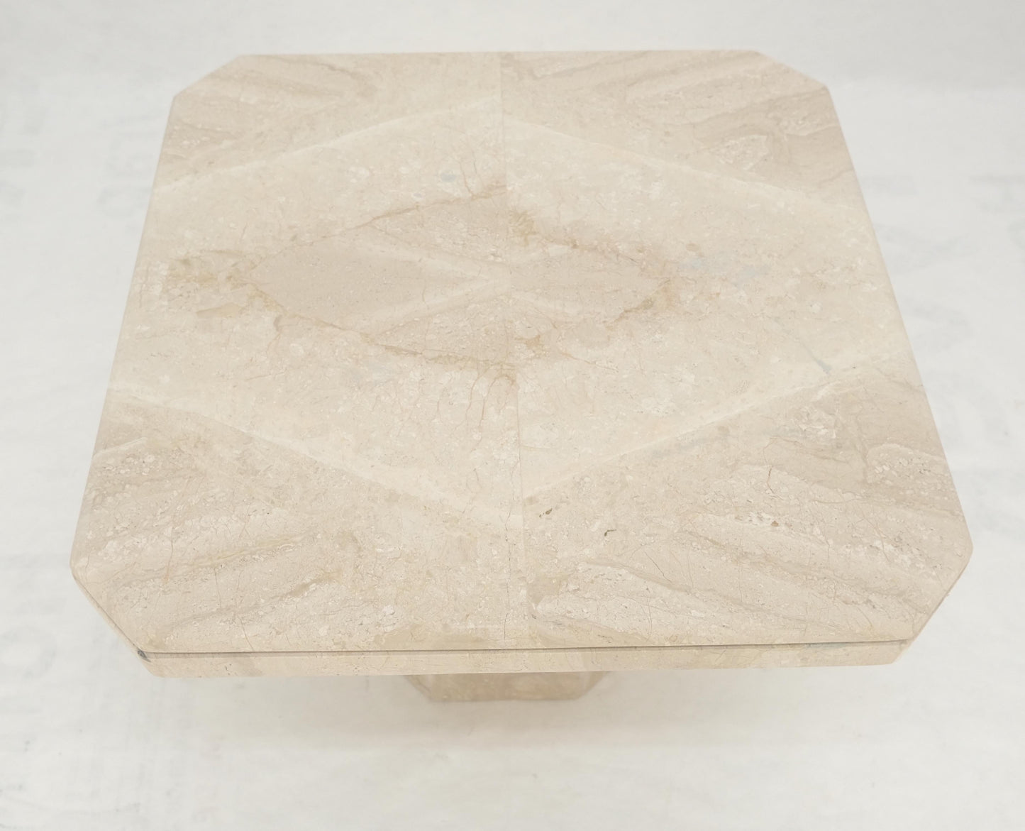 EstablishedLines Polished 27x27" Travertine Square Top Single Pedestal Side End Lamp Table Mint