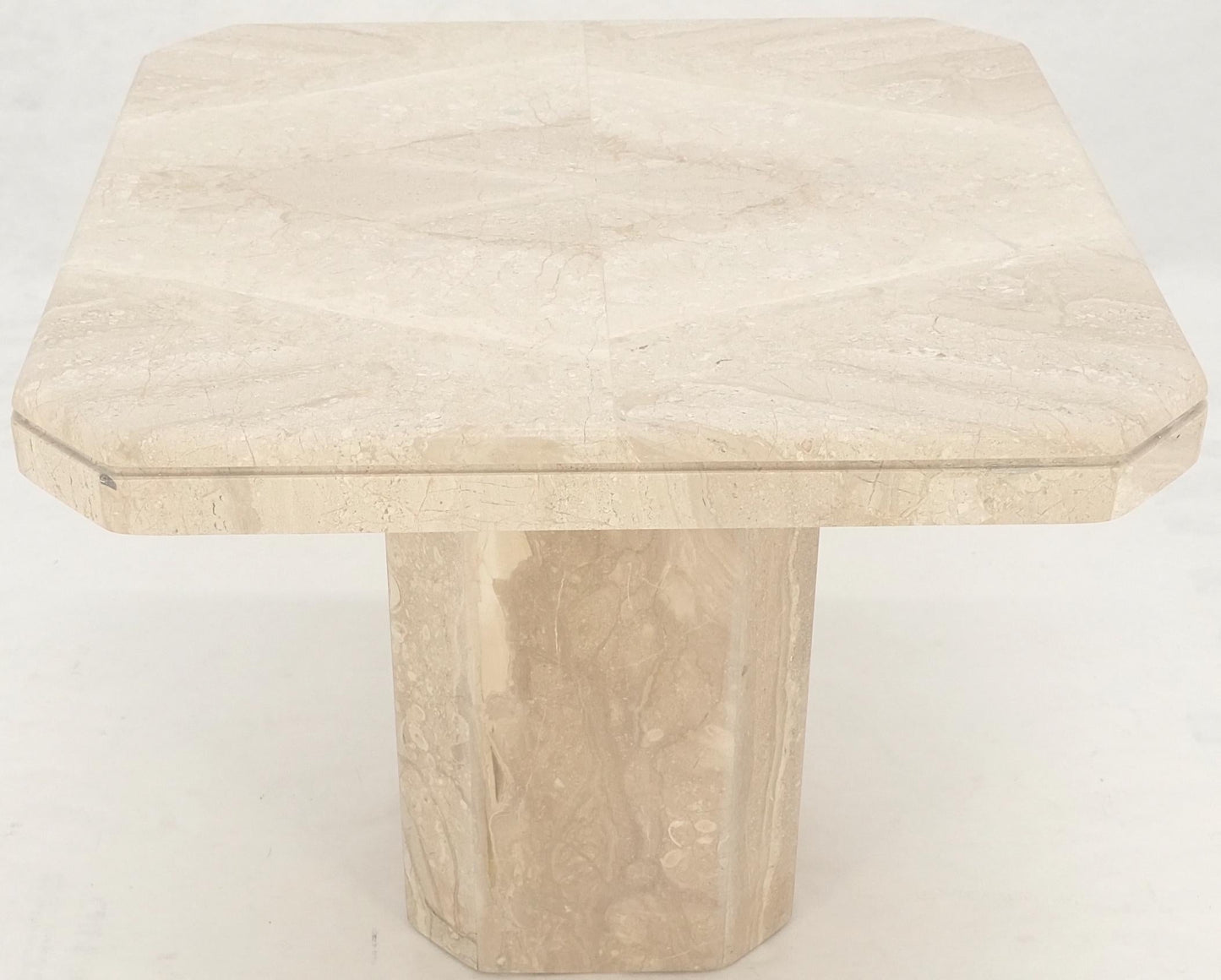 EstablishedLines Polished 27x27" Travertine Square Top Single Pedestal Side End Lamp Table Mint