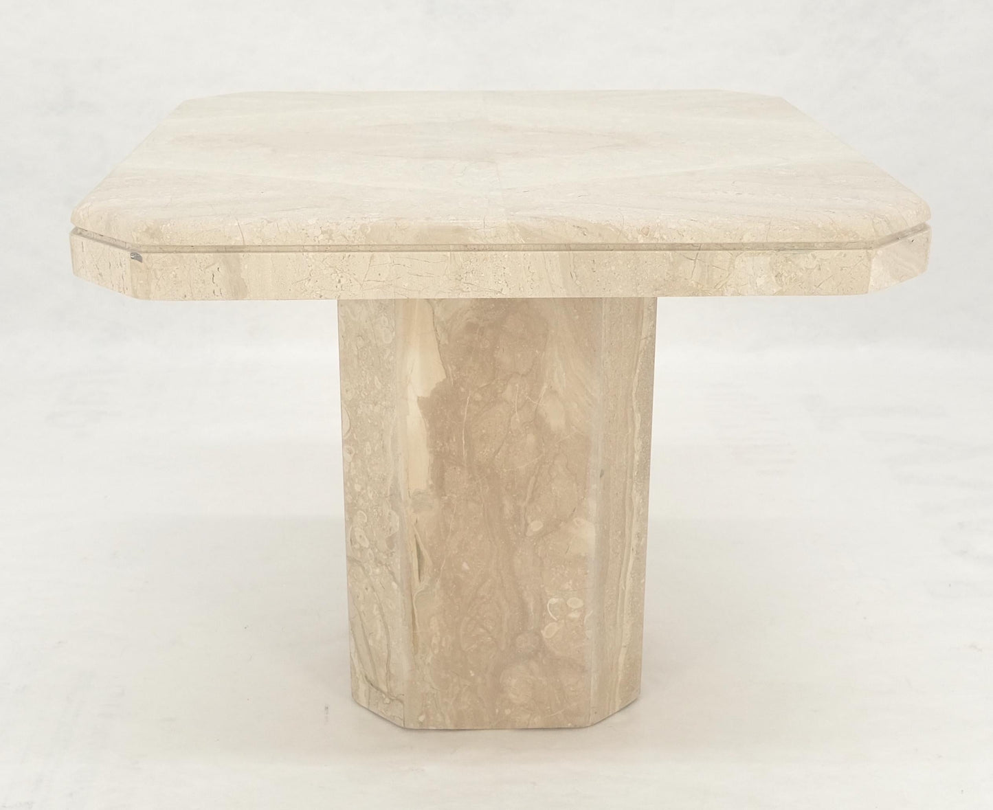 EstablishedLines Polished 27x27" Travertine Square Top Single Pedestal Side End Lamp Table Mint