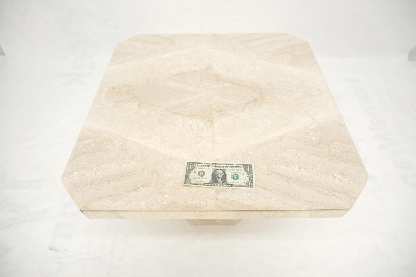 EstablishedLines Polished 27x27" Travertine Square Top Single Pedestal Side End Lamp Table Mint