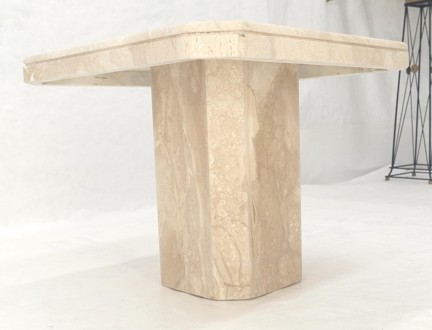 EstablishedLines Polished 27x27" Travertine Square Top Single Pedestal Side End Lamp Table Mint