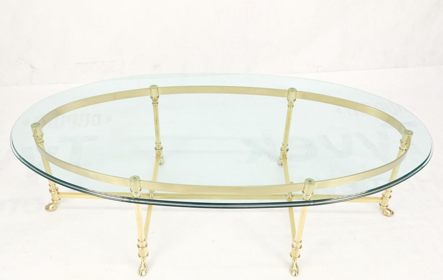 EstablishedLines Large Oval Solid Brass Glass Top Hoof Feet Italian Coffee Table