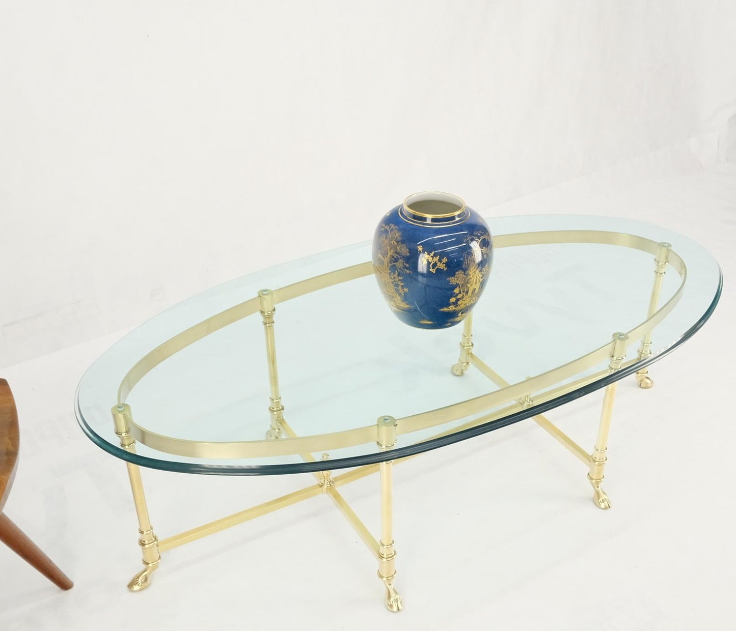 EstablishedLines Large Oval Solid Brass Glass Top Hoof Feet Italian Coffee Table
