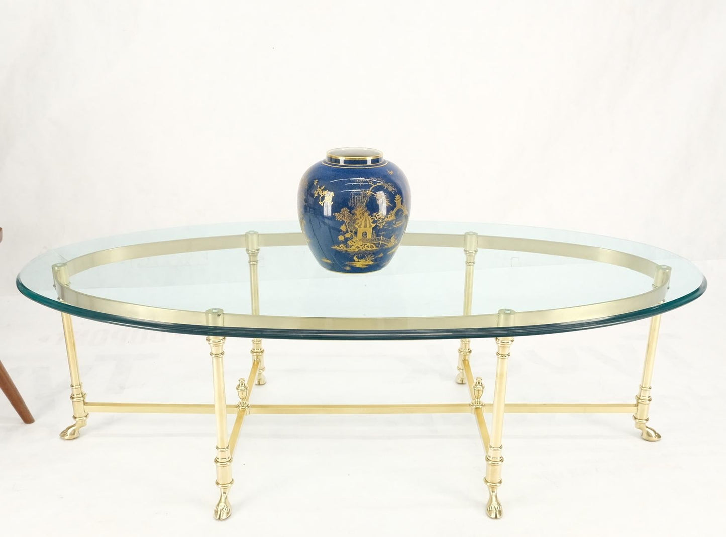 EstablishedLines Large Oval Solid Brass Glass Top Hoof Feet Italian Coffee Table