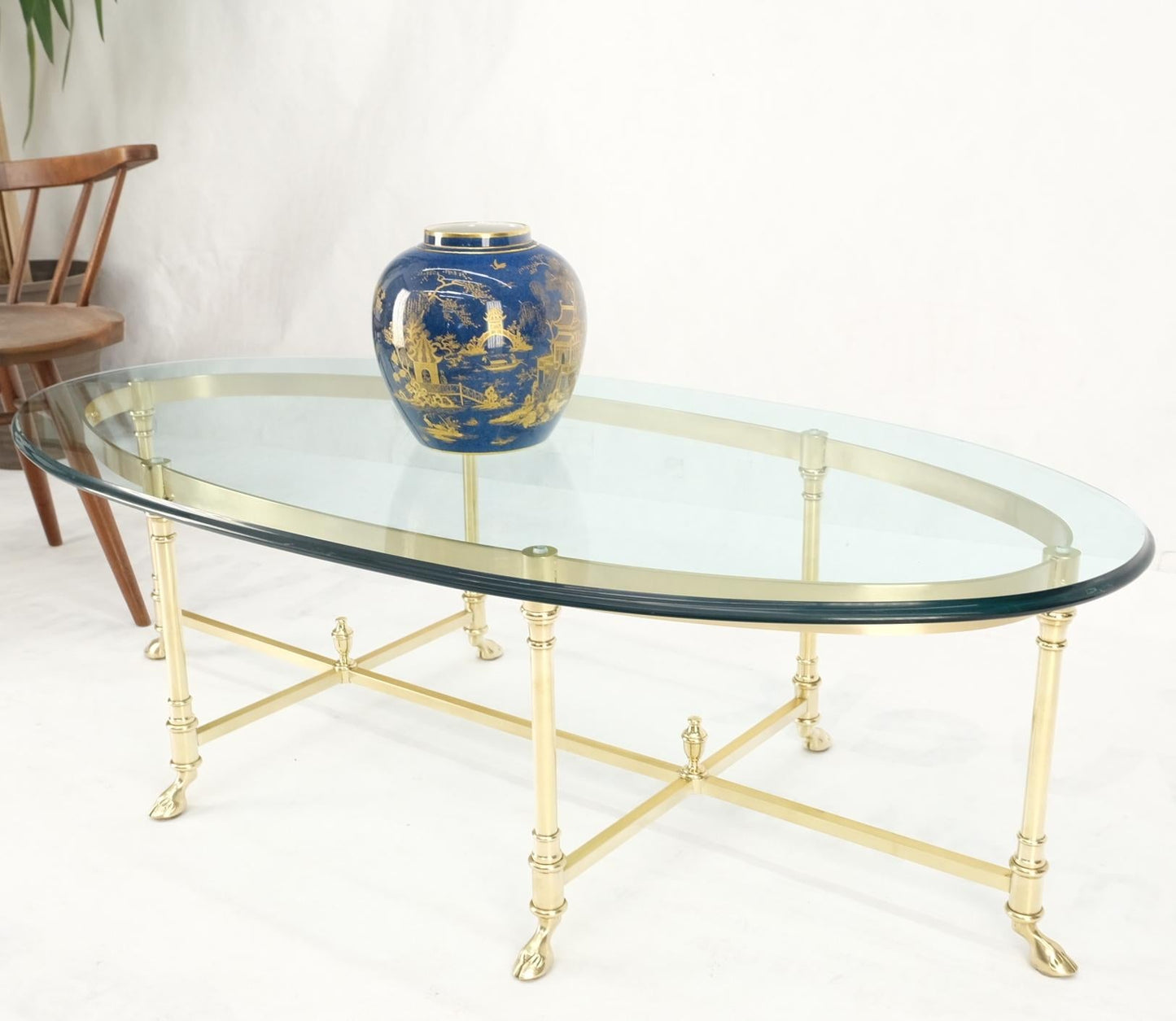 EstablishedLines Large Oval Solid Brass Glass Top Hoof Feet Italian Coffee Table