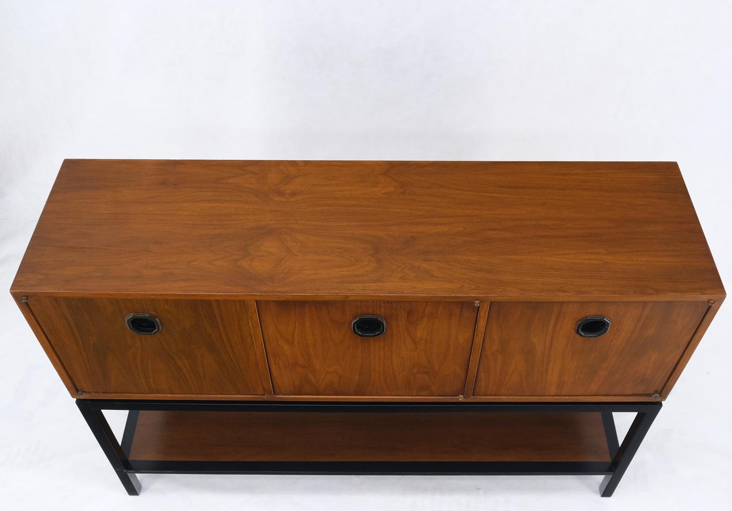 EstablishedLines Ebonized Base Walnut Three Doors Mid-Century Modern Credenza Console Cabinet