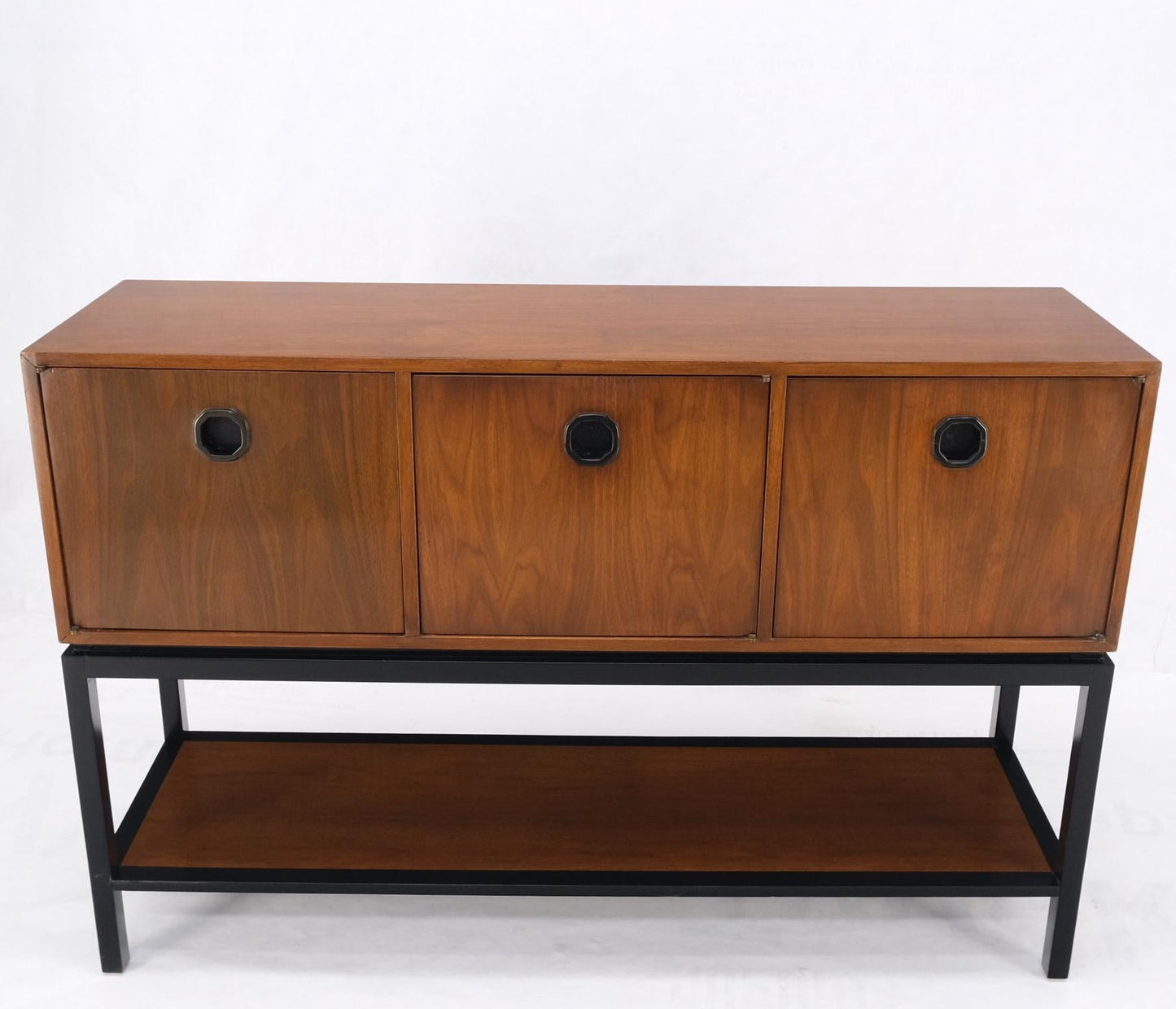 EstablishedLines Ebonized Base Walnut Three Doors Mid-Century Modern Credenza Console Cabinet