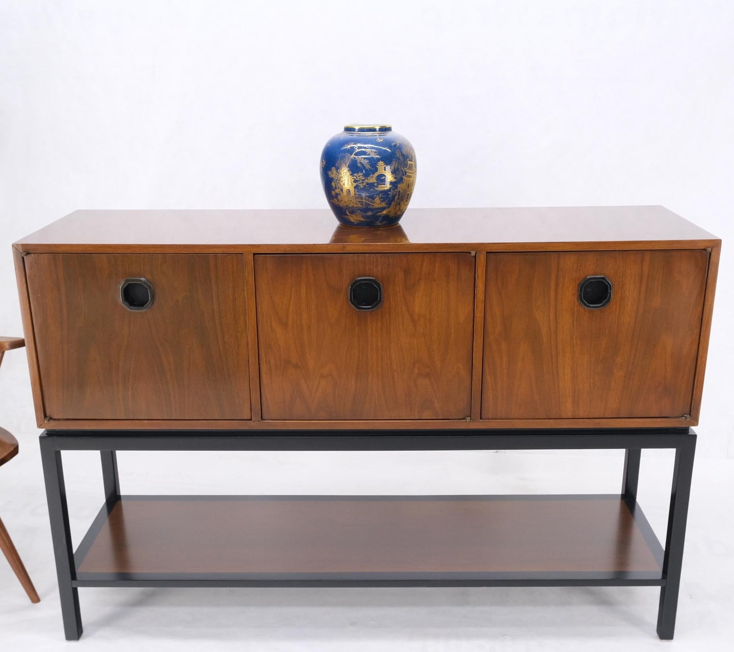 EstablishedLines Ebonized Base Walnut Three Doors Mid-Century Modern Credenza Console Cabinet