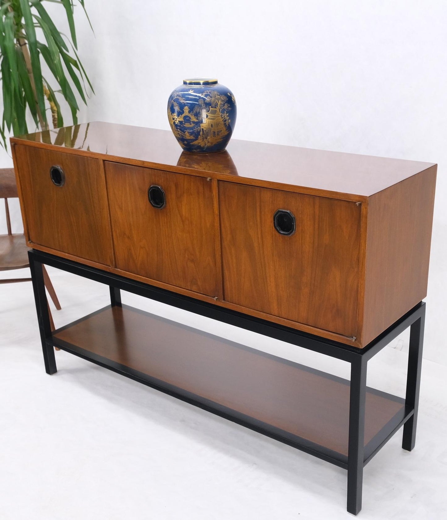 EstablishedLines Ebonized Base Walnut Three Doors Mid-Century Modern Credenza Console Cabinet