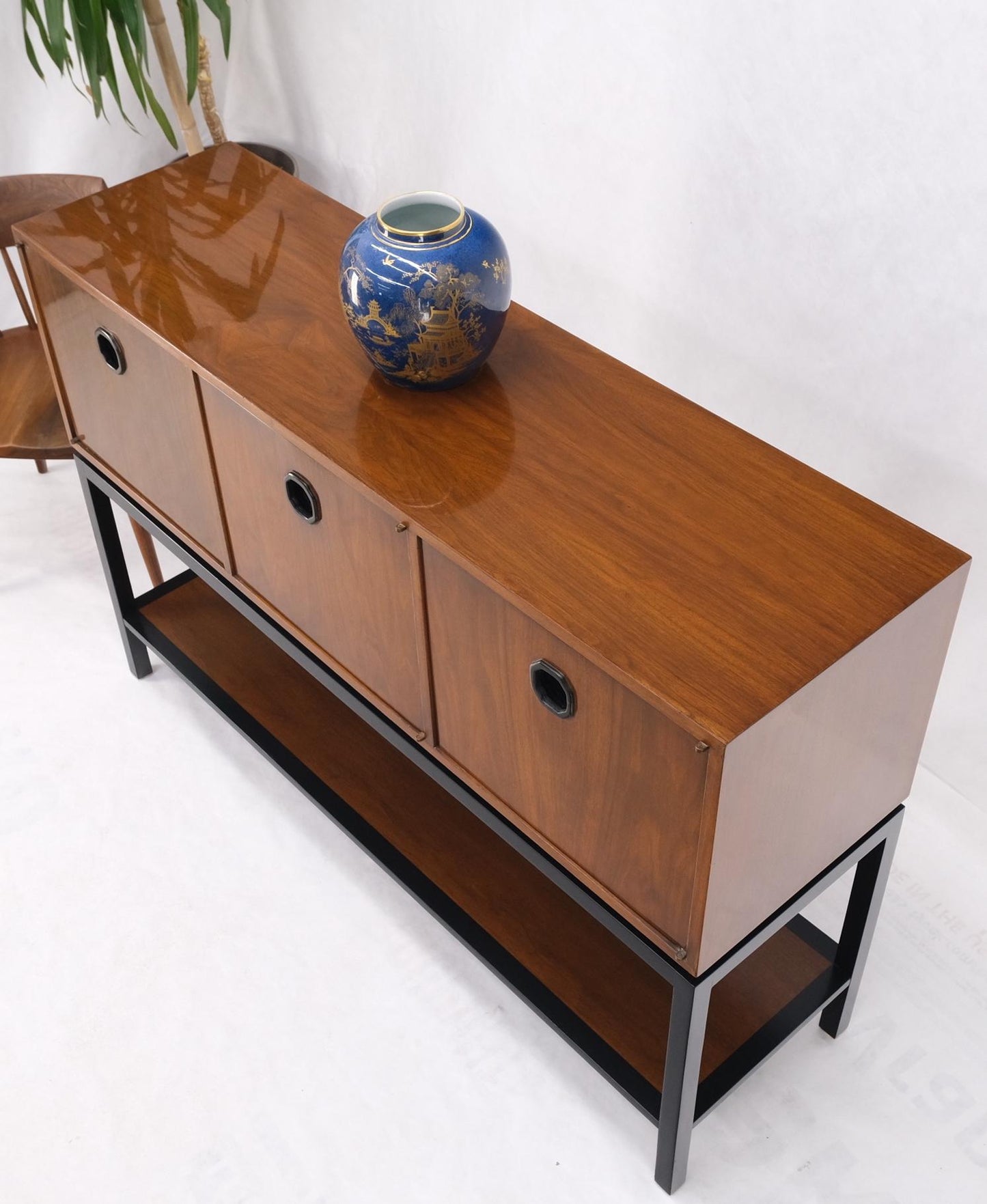 EstablishedLines Ebonized Base Walnut Three Doors Mid-Century Modern Credenza Console Cabinet