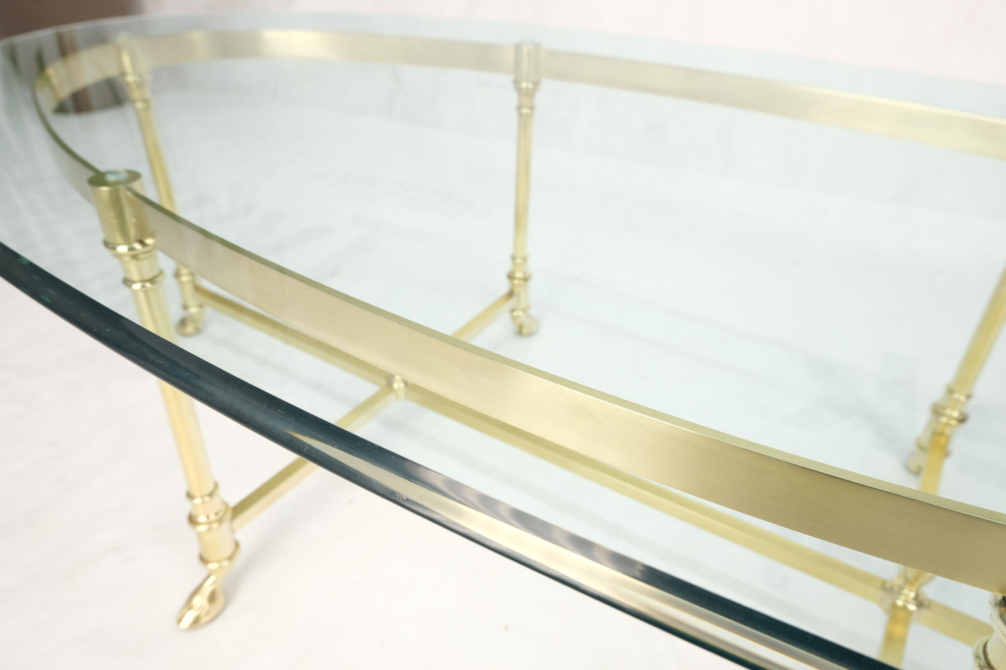 EstablishedLines Large Oval Solid Brass Glass Top Hoof Feet Italian Coffee Table