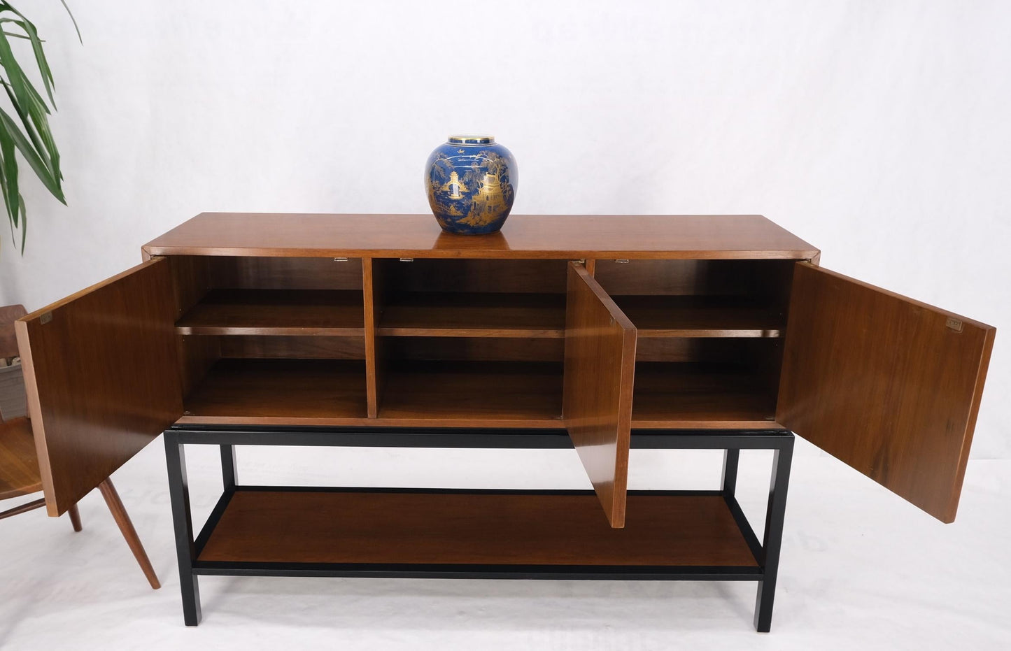EstablishedLines Ebonized Base Walnut Three Doors Mid-Century Modern Credenza Console Cabinet