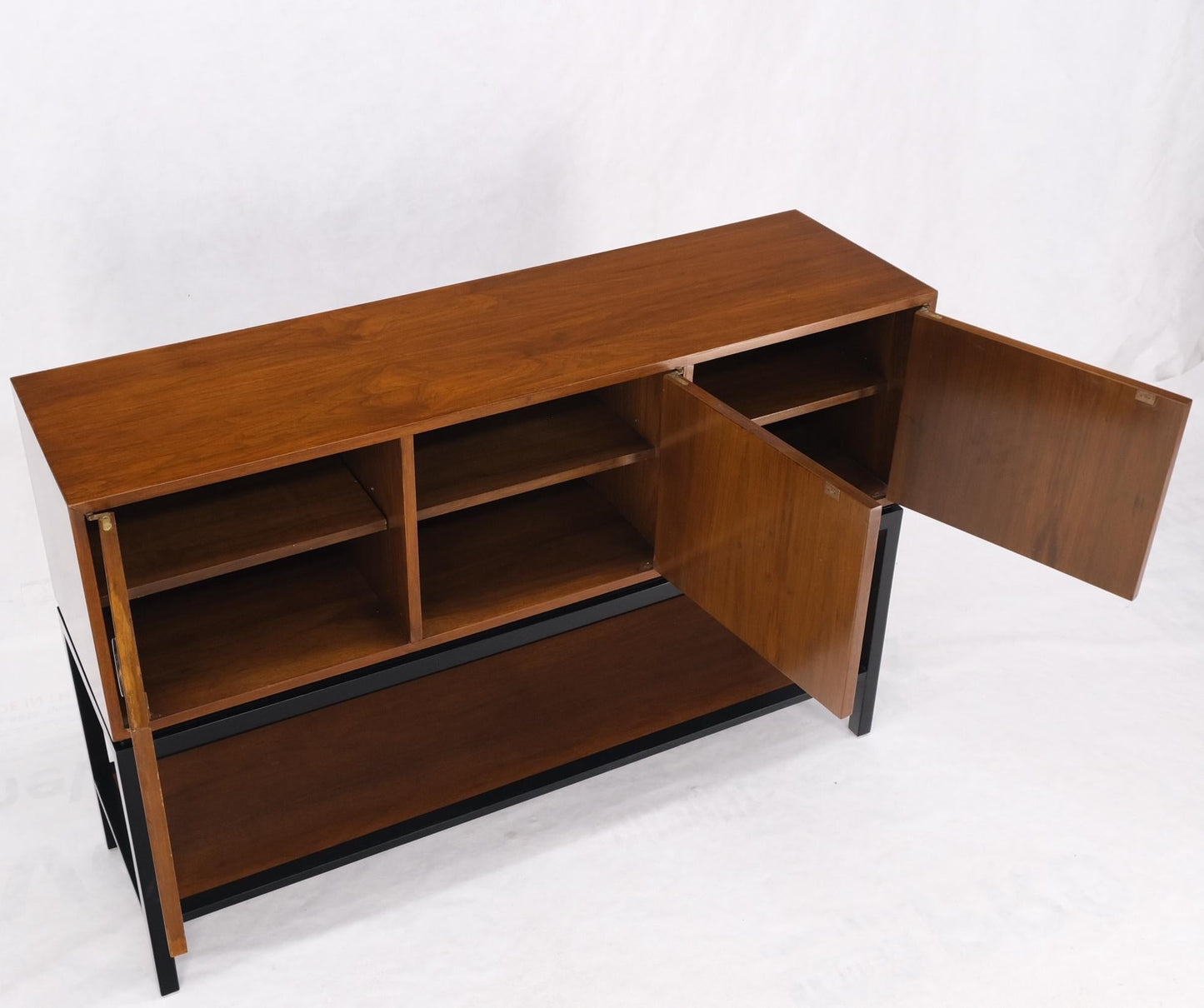 EstablishedLines Ebonized Base Walnut Three Doors Mid-Century Modern Credenza Console Cabinet