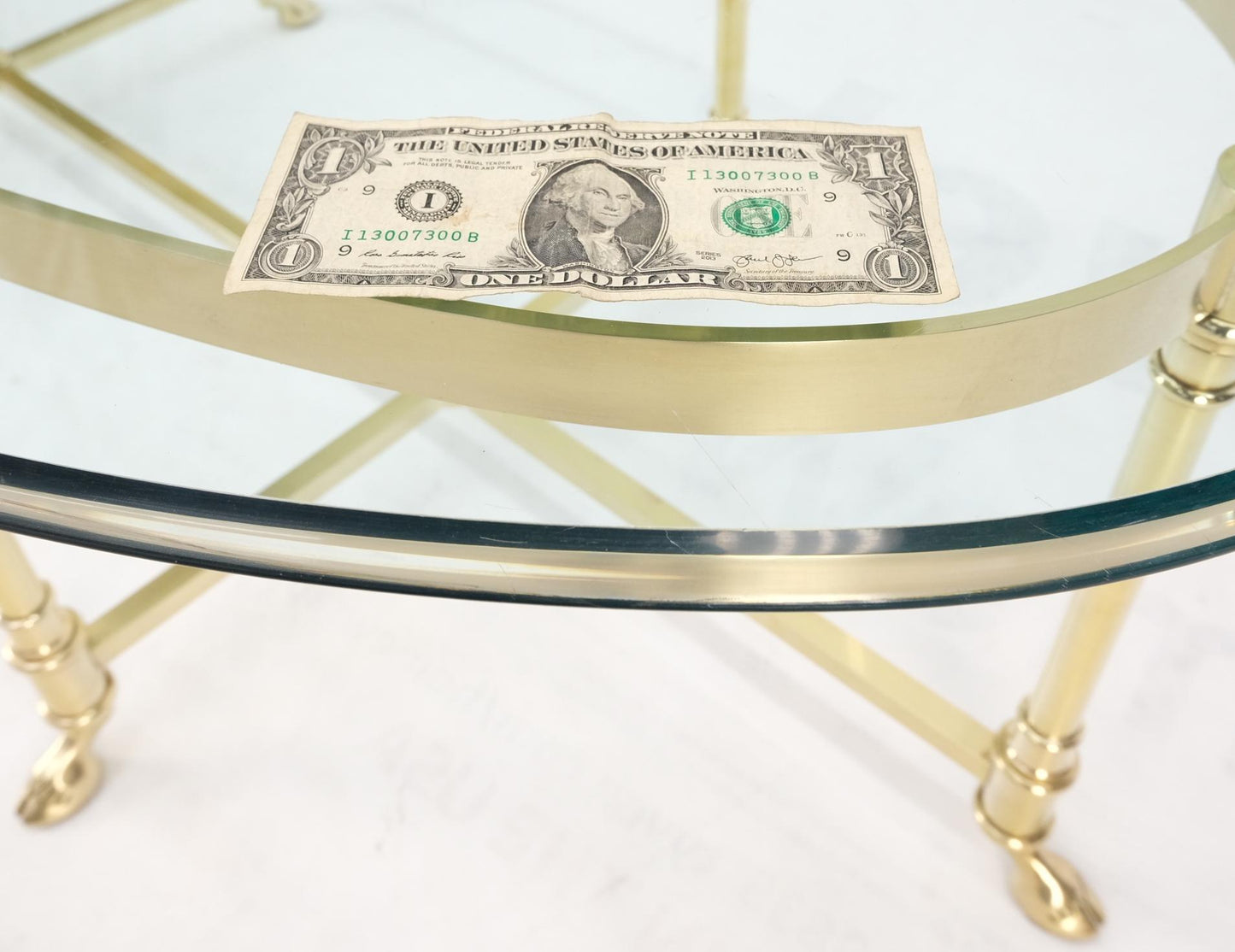 EstablishedLines Large Oval Solid Brass Glass Top Hoof Feet Italian Coffee Table