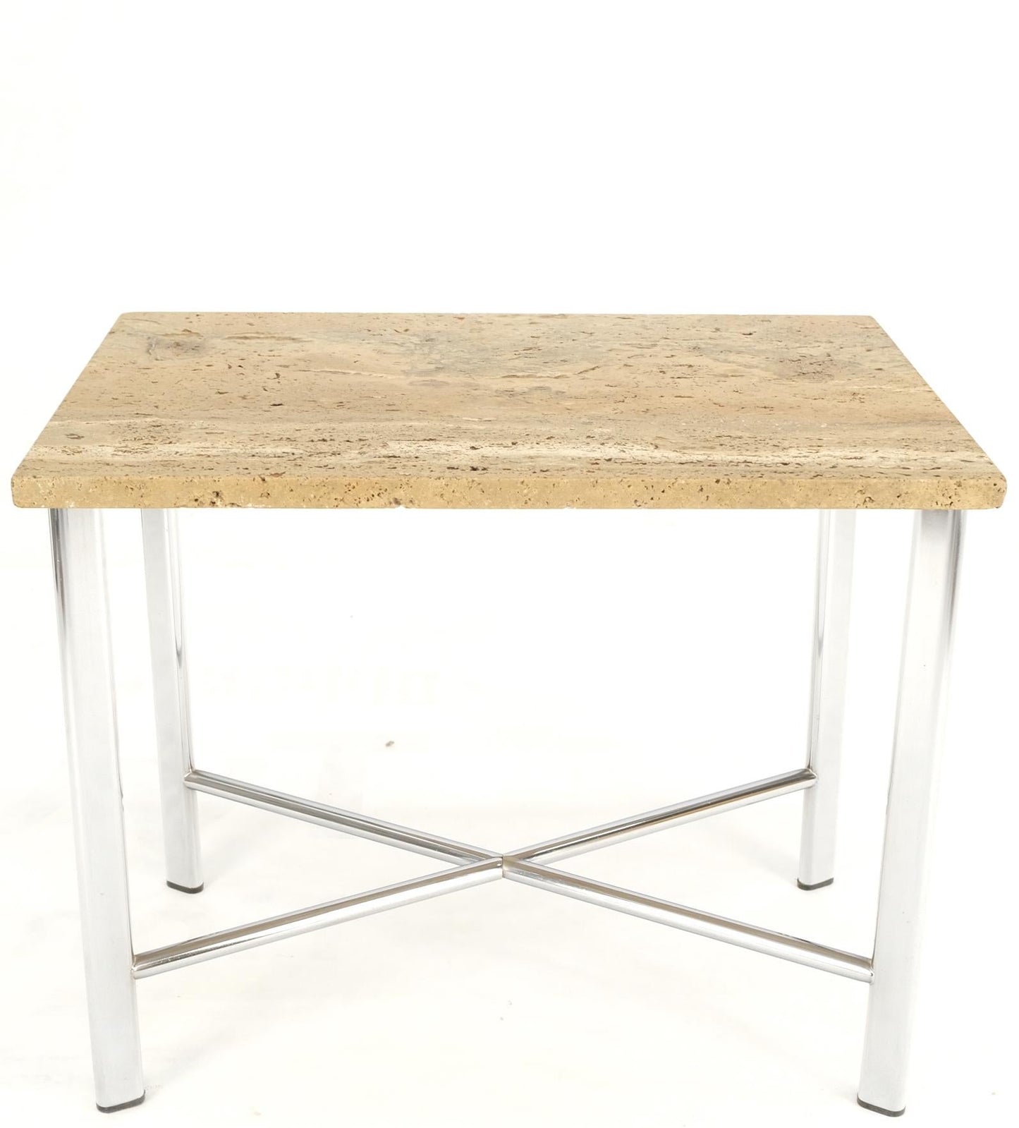 EstablishedLines Chrome X Base Travertine Top Mid-Century Modern Rectangle Side End Table Stand