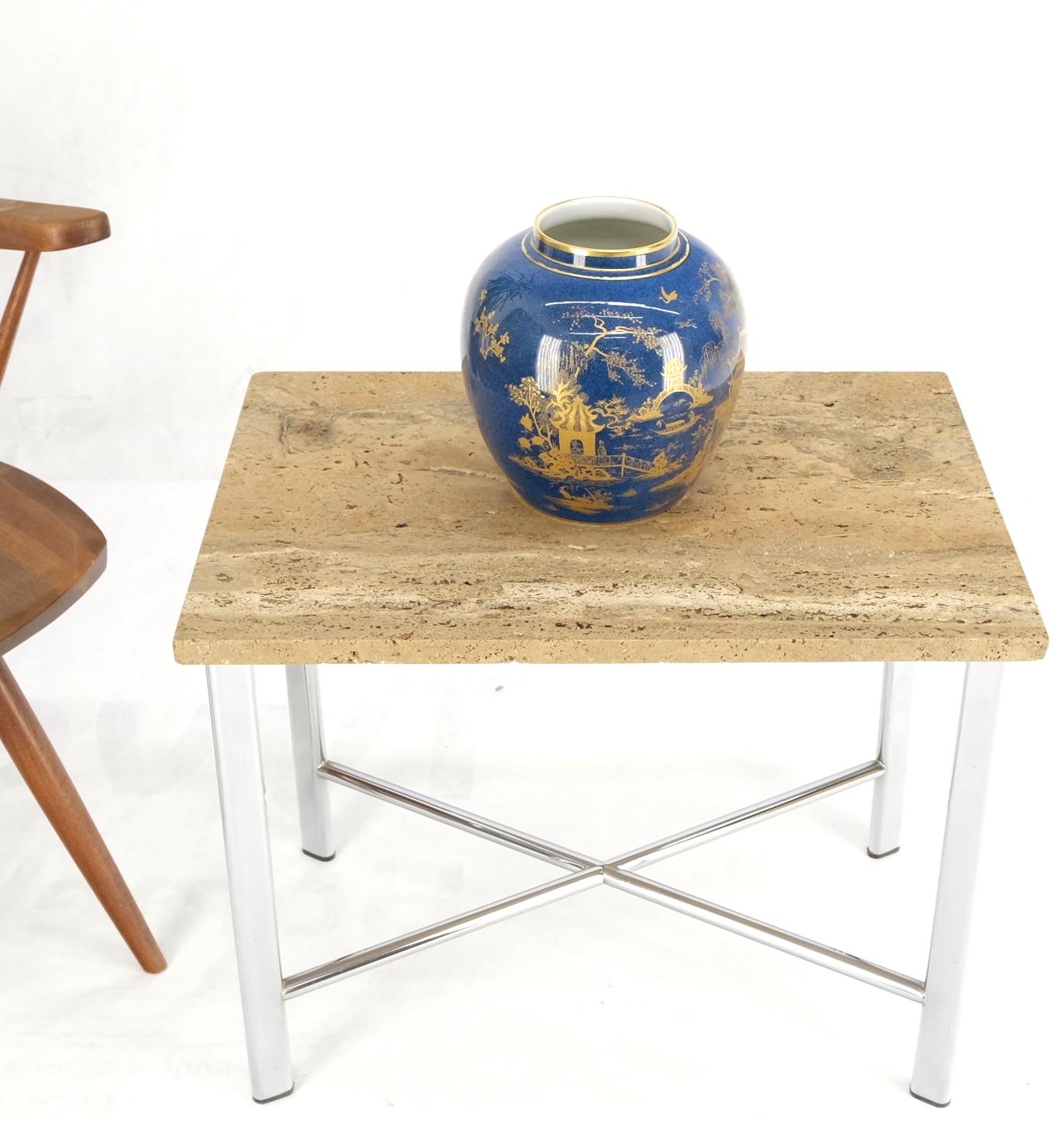 EstablishedLines Chrome X Base Travertine Top Mid-Century Modern Rectangle Side End Table Stand