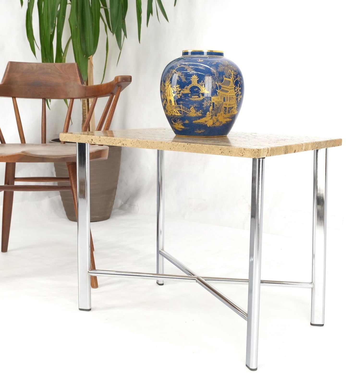EstablishedLines Chrome X Base Travertine Top Mid-Century Modern Rectangle Side End Table Stand